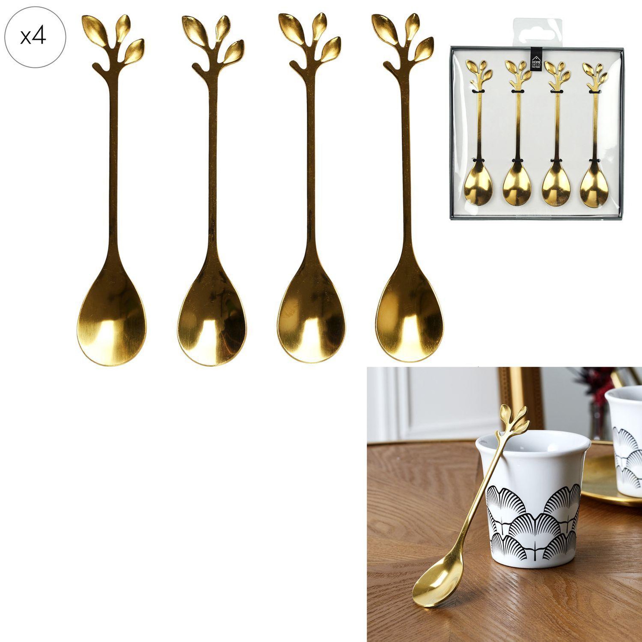Voir la diapositive 6 : The Home Deco Factory Lot de 4 cuillères à café feuille - doré