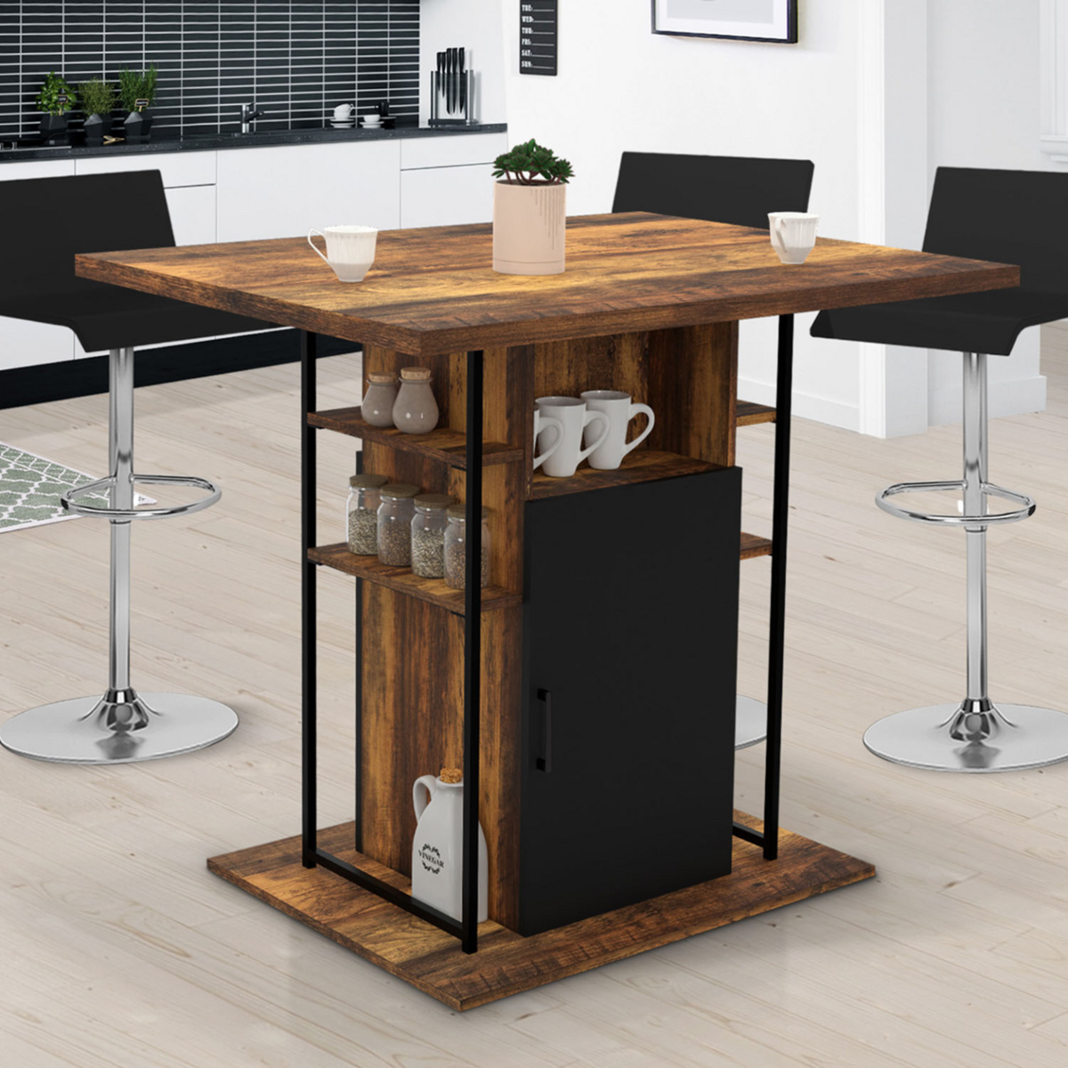 ID MARKET Ilot central UGO 110 cm bois noir et effet bois foncé HAWKINS avec rangements design industriel
