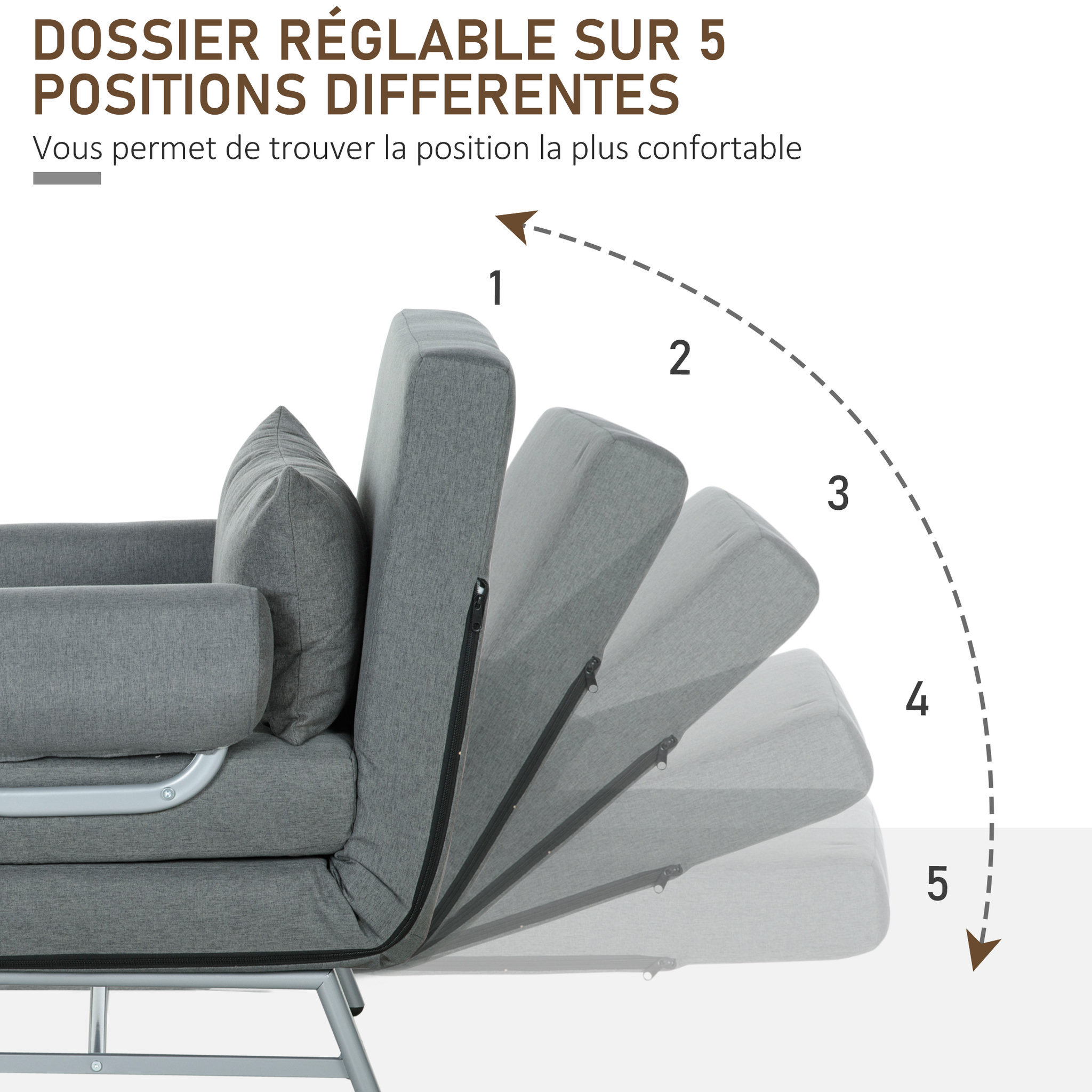Voir la diapositive 6 : HOMCOM Fauteuil chauffeuse canapé-lit convertible inclinable 1 place grand confort coussin lombaires accoudoirs piètement métal lin gris foncé