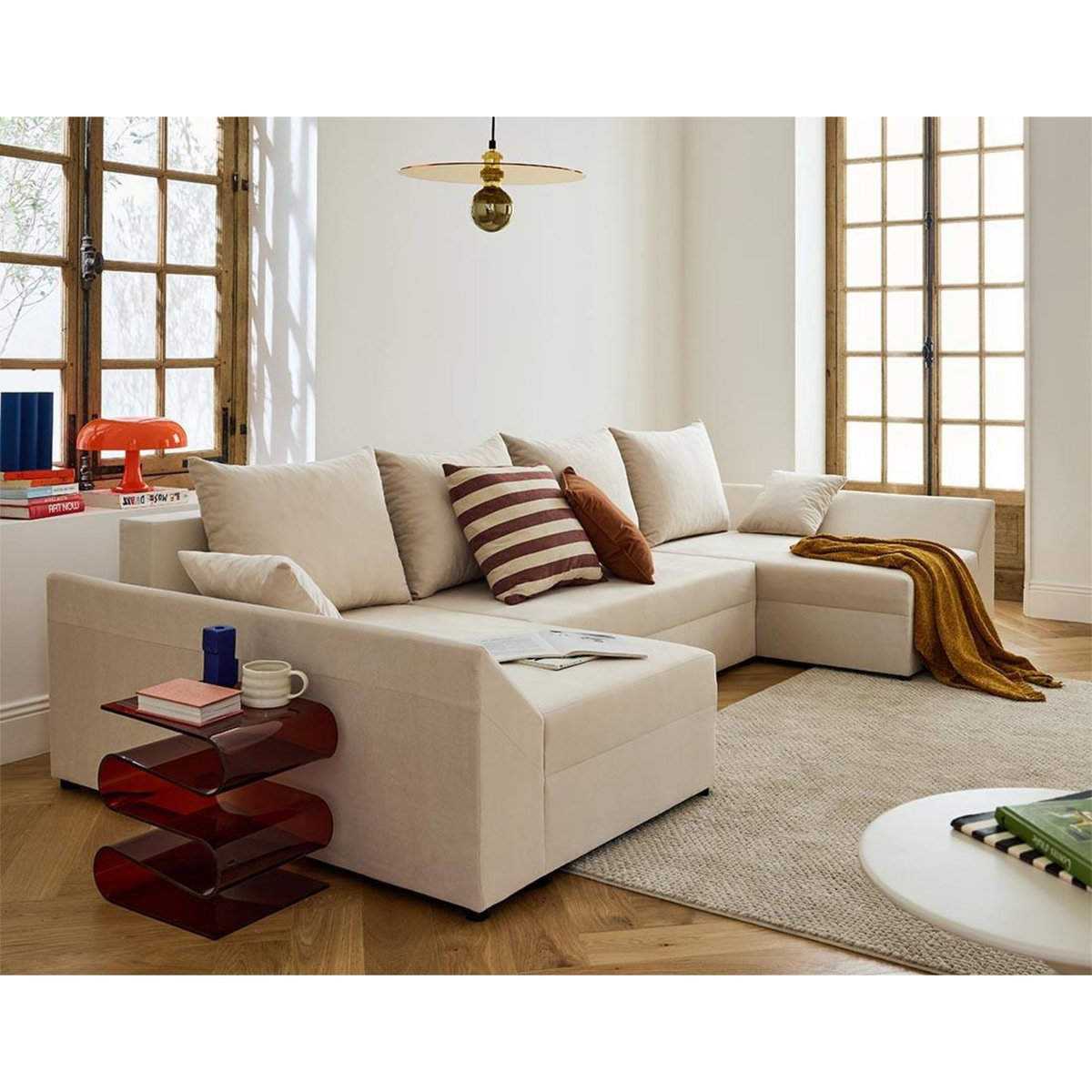 BEST MOBILIER Mike - canapé panoramique en u - 7 places - convertible - avec coffre - en velours