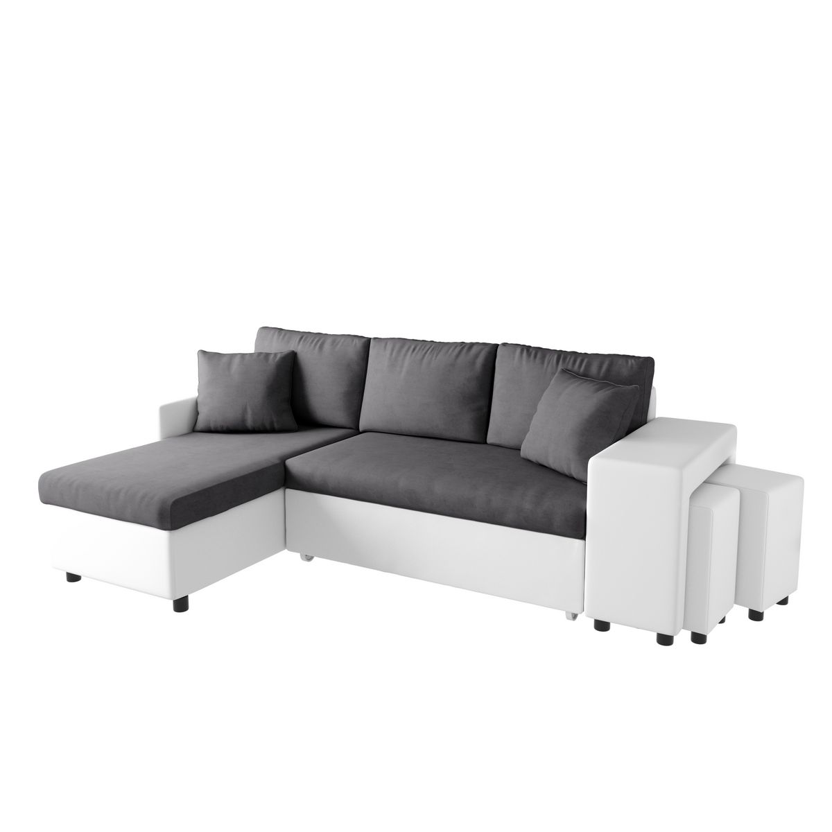 Canapé angle gauche convertible + 2 poufs + coffre tissu simili ANETTA