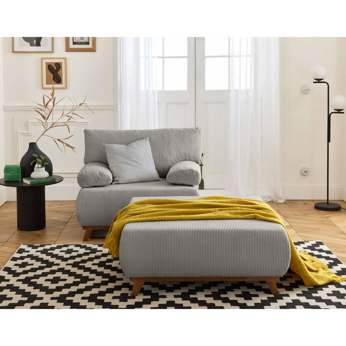 BEST MOBILIER Cristal - fauteuil - convertible avec coffre et grand pouf - en velours côtelé