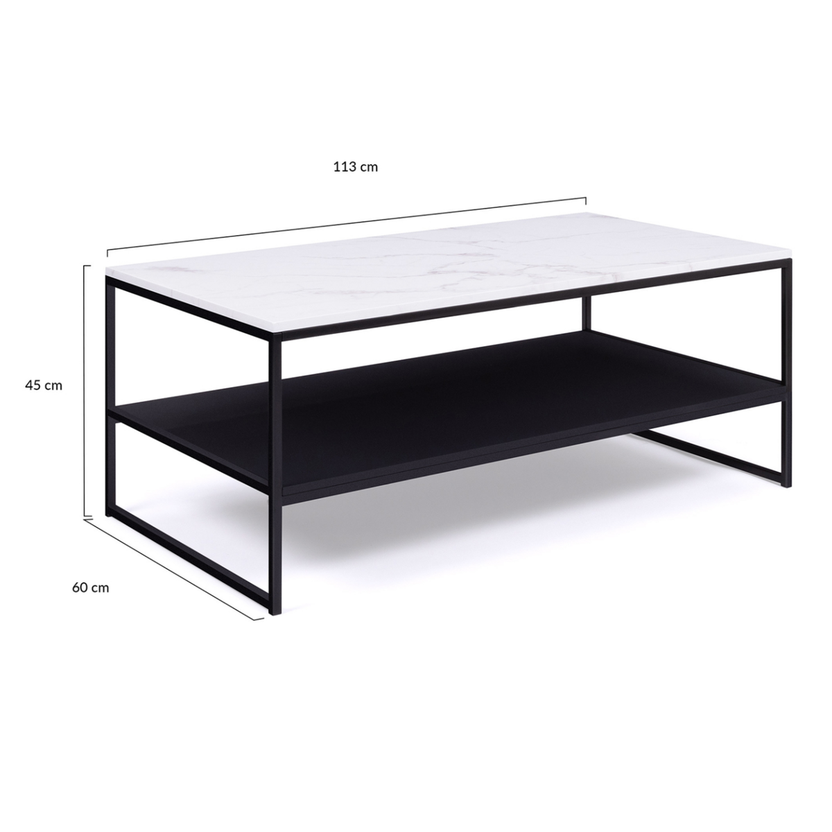 ID MARKET Table basse ALASKA double plateau effet marbre et noir pieds métal