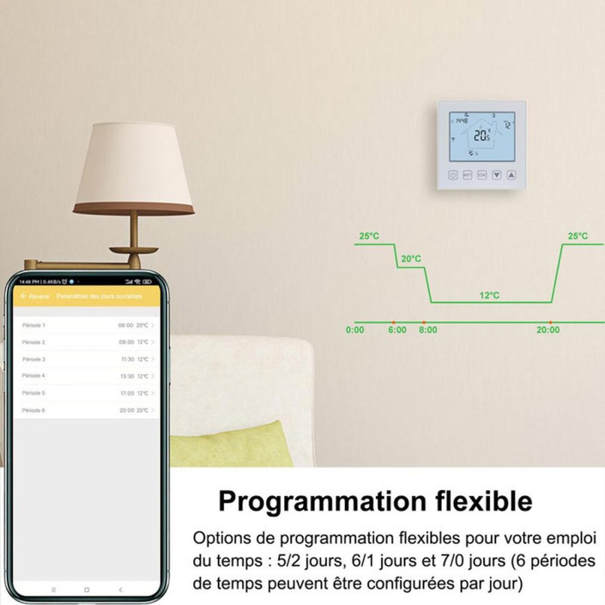 Voir la diapositive 3 : Thermostat Wi‑Fi 16 A pour chauffage au sol électrique, écran LCD, contrôle Tuya/Smart Life, commande vocale Alexa/Google, sonde NTC 2,5 m, blanc