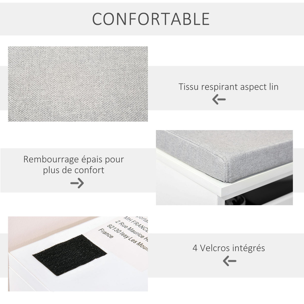 HOMCOM Banc de rangement avec coussin gris - meuble à chaussures - banc à chaussures avec grand tiroir double compartiment - MDF blanc