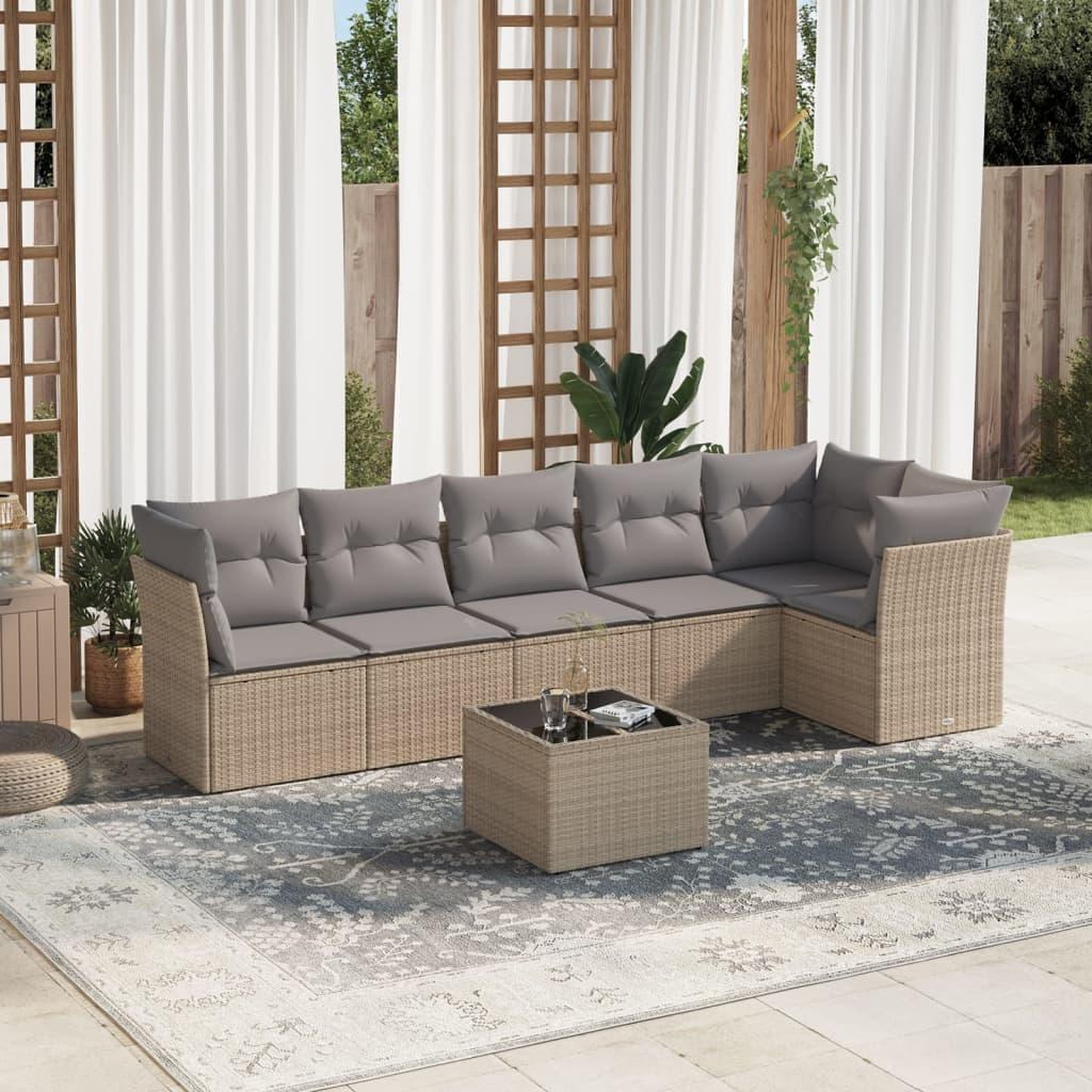 VIDAXL Salon de jardin avec coussins 7 pcs beige resine tressee