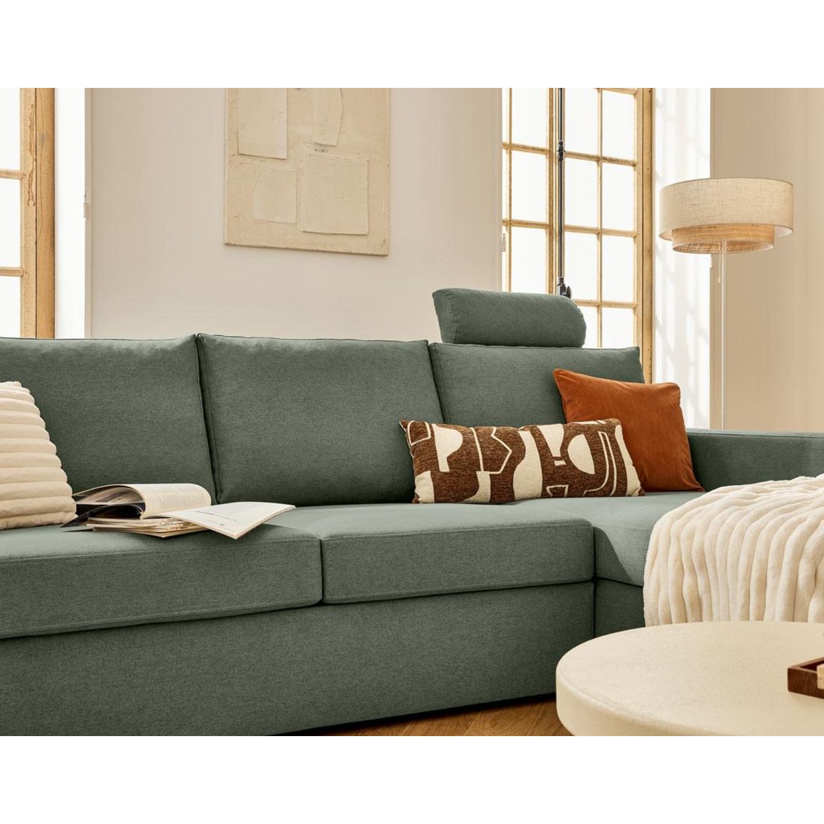 BEST MOBILIER Barrie - canapé d'angle réversible 4 places avec têtière amovible en tissu