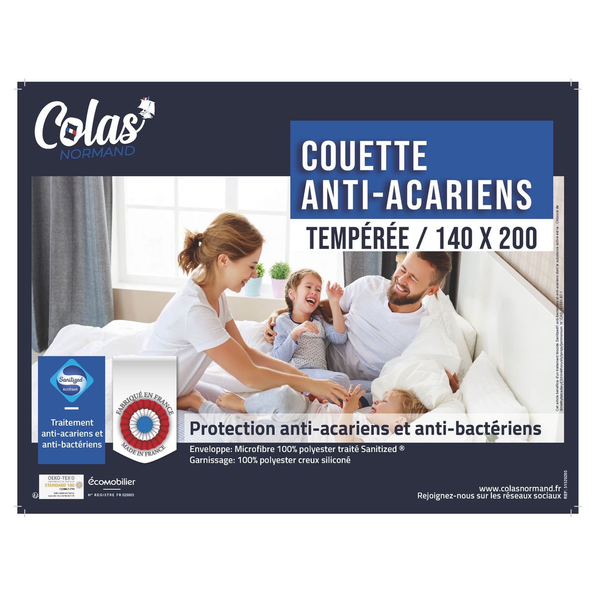 Voir la diapositive 2 : COLAS NORMAND Couette tempérée en polyester anti acariens SANITIZED 300 g/m²