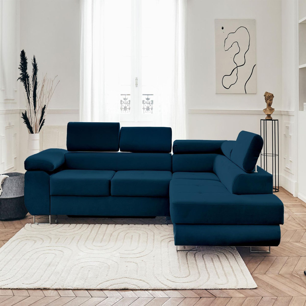 BEST MOBILIER Pablo - canapé d'angle droit - 5 places - convertible avec coffre et têtières réglables - en velours