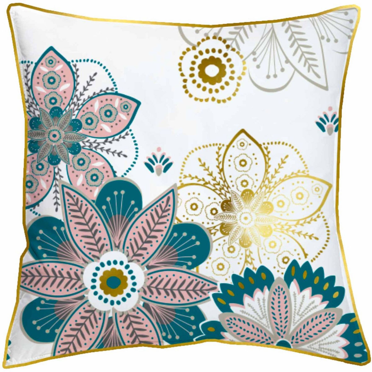 Coussin avec zip fantaisie en coton motif fleurs PIPING