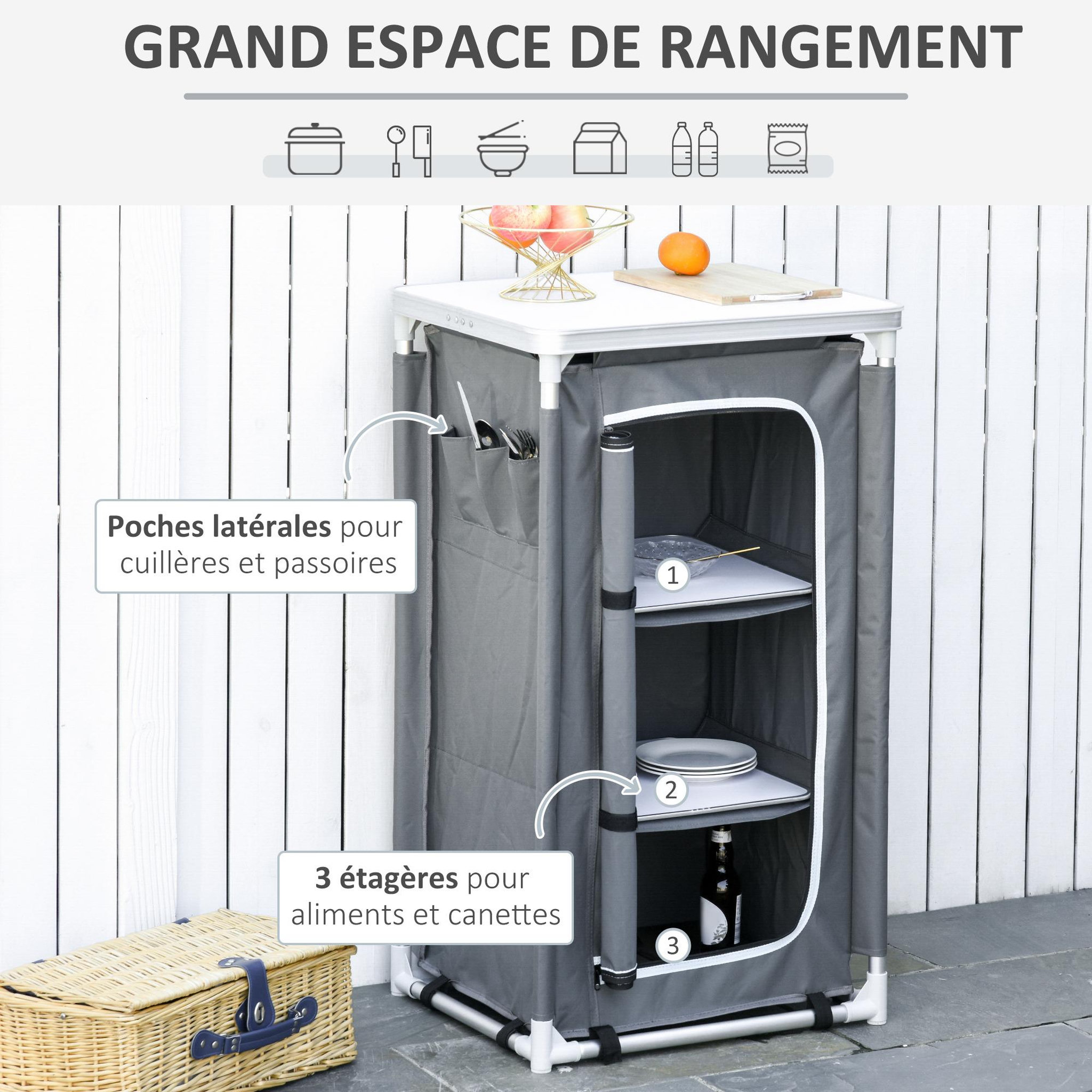 Voir la diapositive 4 : OUTSUNNY Rangement cuisine de camping pliable avec sac transport - 2 étagères - alu polyester gris