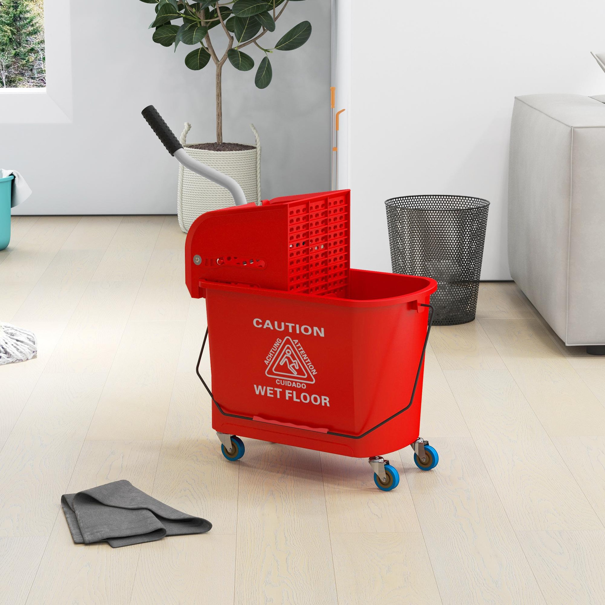 Voir la diapositive 2 : HOMCOM Chariot de nettoyage lavage seau de ménage 20 L avec essoreur et séparateur eau sale propre rouge