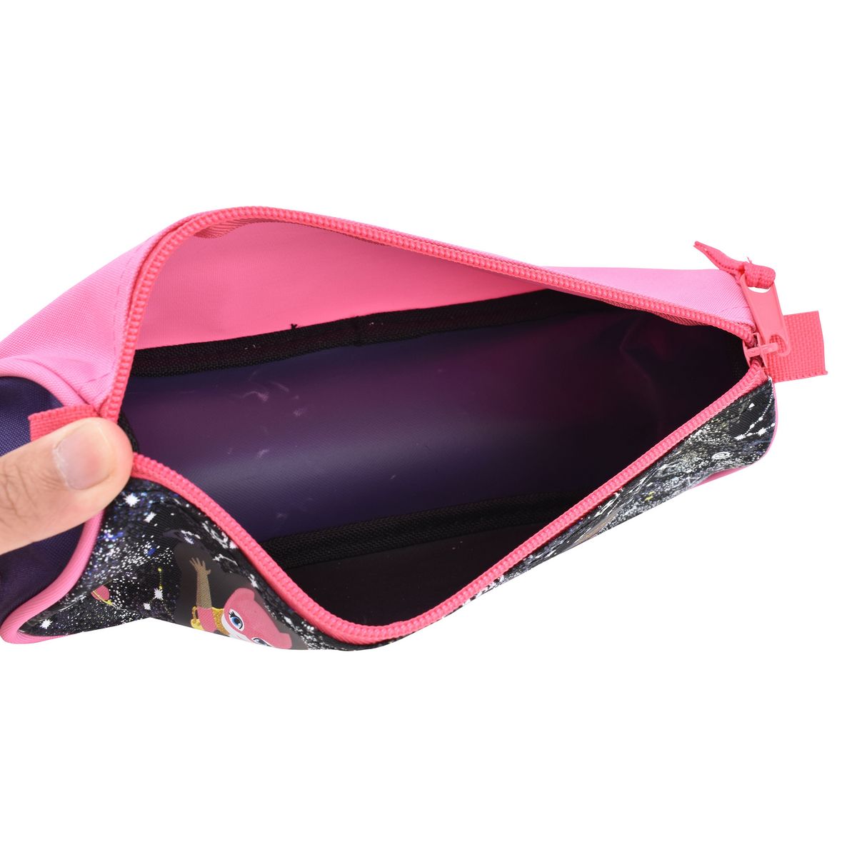 AUCHAN Trousse scolaire triangulaire polyester violet, rose et noir SUPER GIRLY