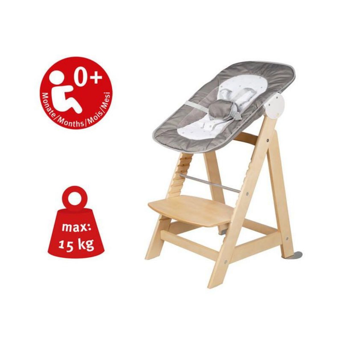 Roba ROBA Chaise Haute Évolutive Born Up 2 en 1 + Transat Inclinable - Sternenzauber - Des la Naissance - Bois Naturel