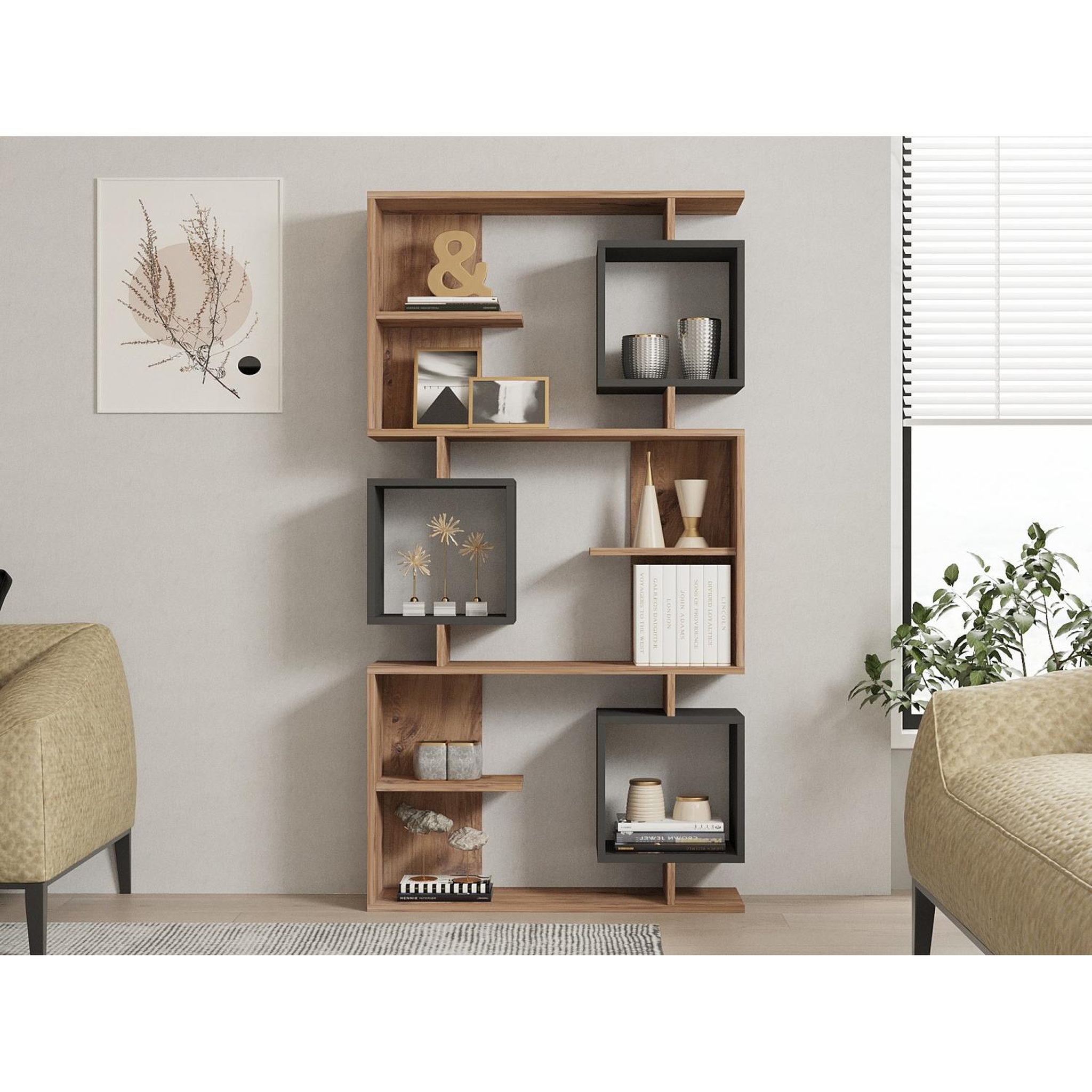 Voir la diapositive 3 : CONCEPT USINE Bibliothèque design asymétrique 172cm effet bois et gris anthracite NALY