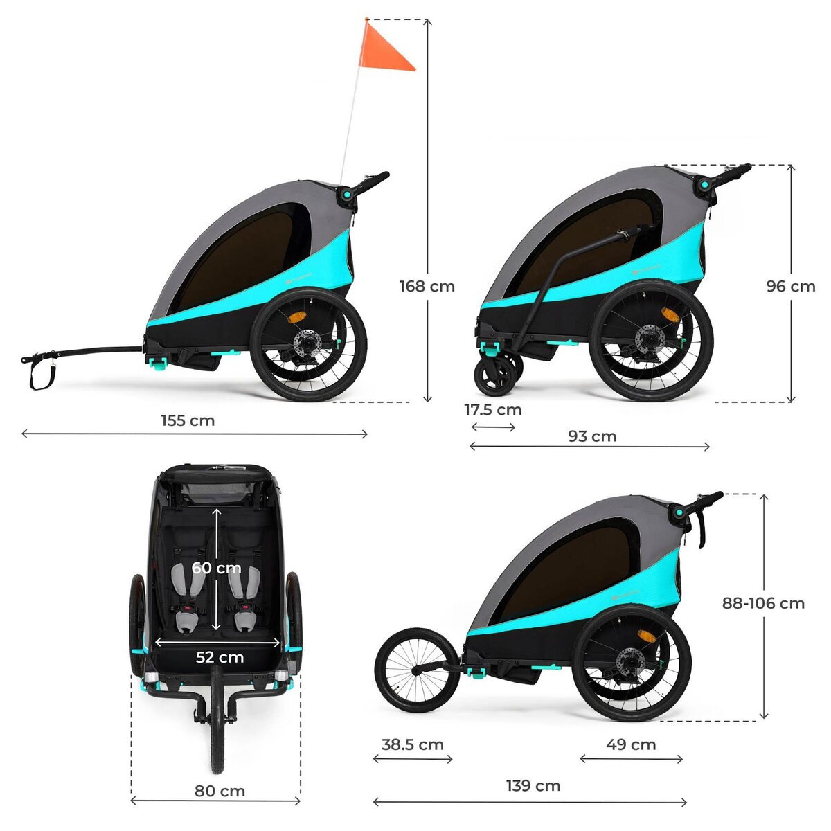 KINDERKRAFT Remorque vélo enfant 3 en 1 convertible