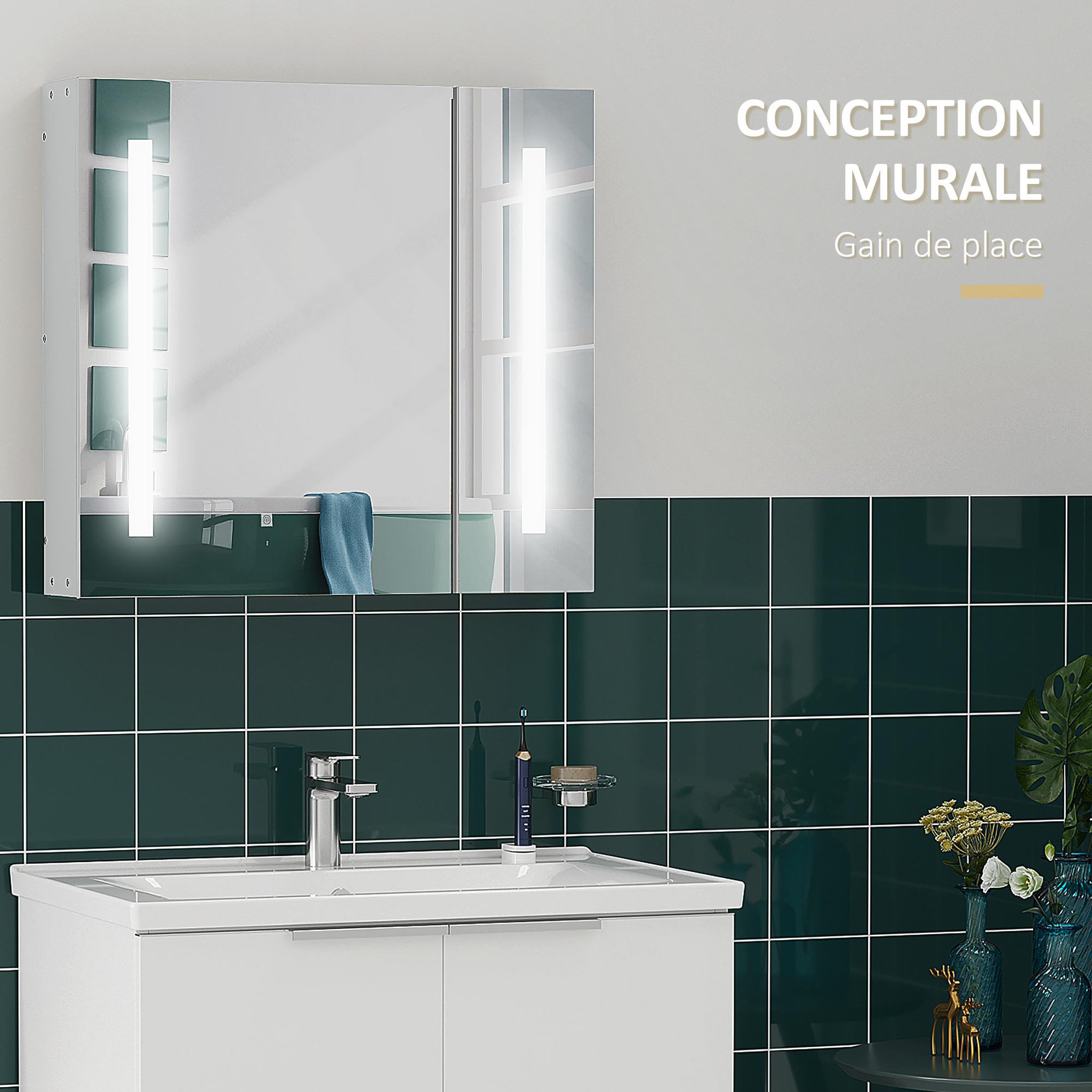 Voir la diapositive 4 : KLEANKIN Armoire de toilette miroir lumineux led 2 portes 3 niv. Blanc