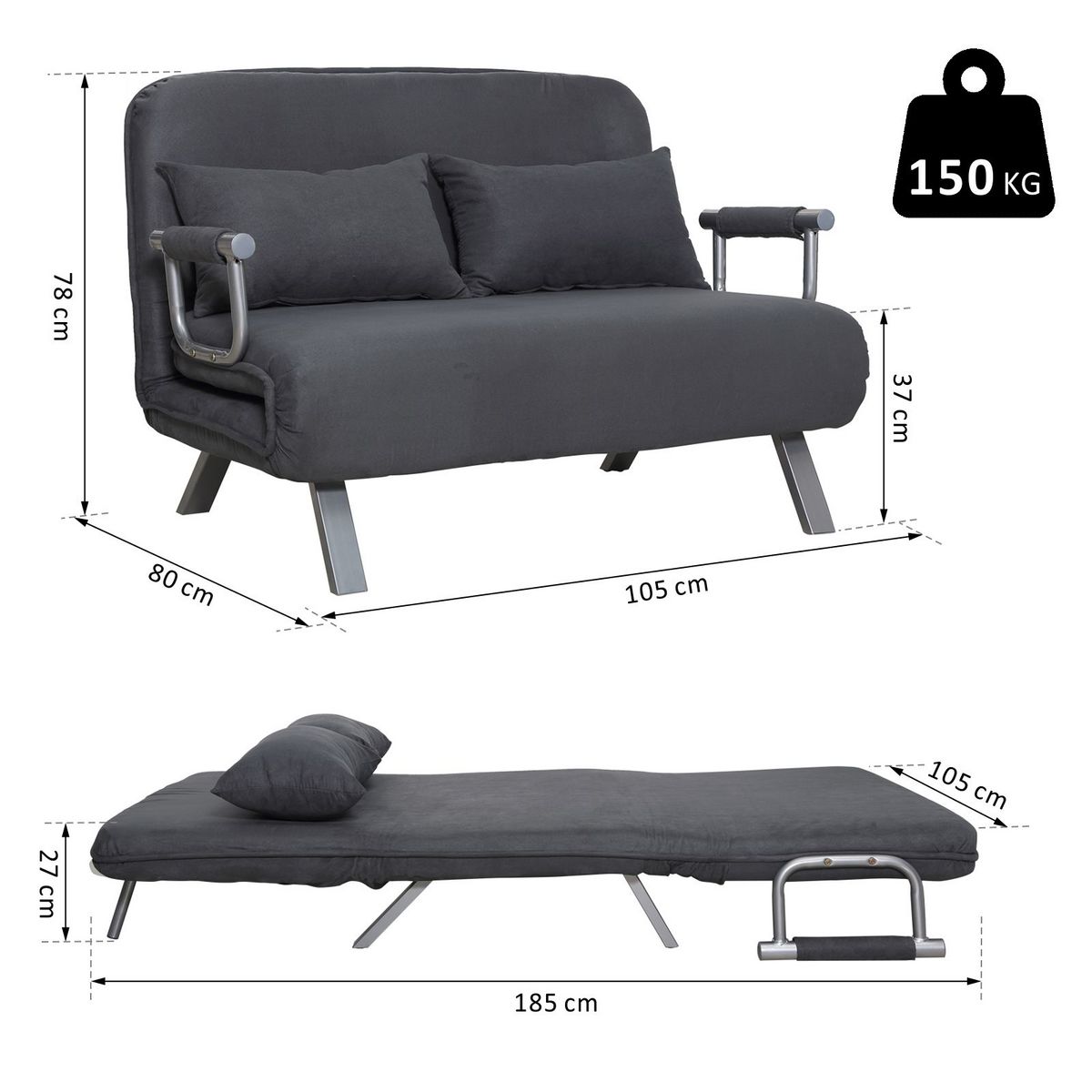HOMCOM Canapé-lit canapé convertible 2 places déhoussable grand confort 2 coussins fournis pieds accoudoirs métal suède gris foncé
