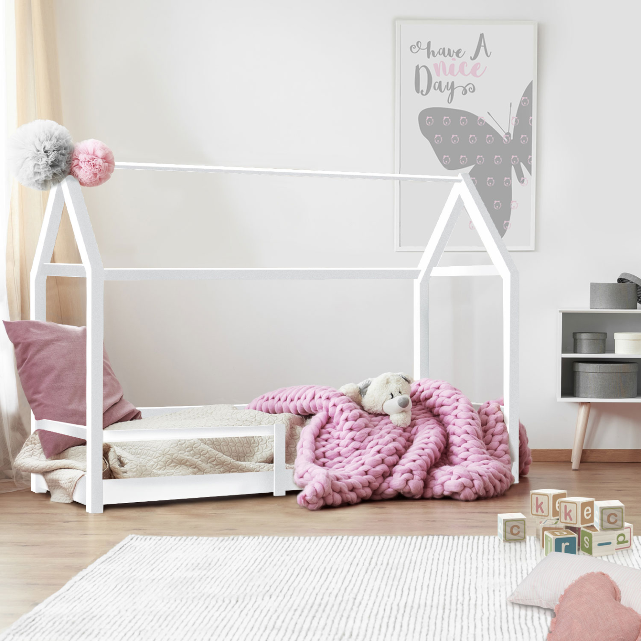 Voir la diapositive 5 : ID MARKET Lit cabane enfant 90 x 190 cm nessi blanc avec sommier et barrières