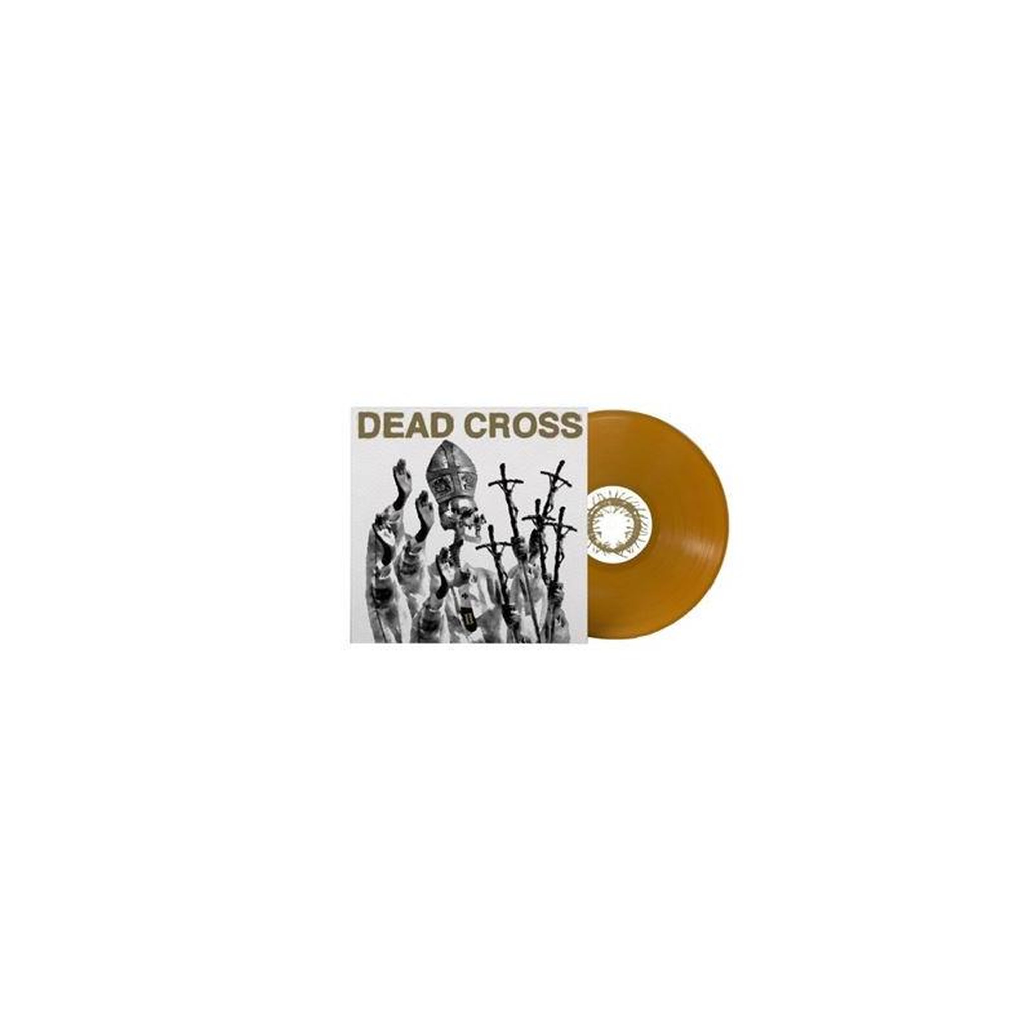 Vinyle dead cross en disque or (gold/brown) avec pochette noir et blanc et texte « dead cross »