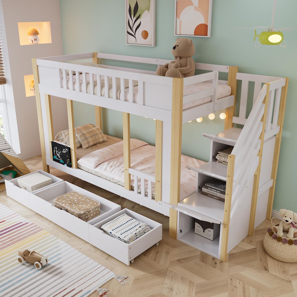 MERAX Lit superposé 90x200 cm coloris blanc+naturel pin