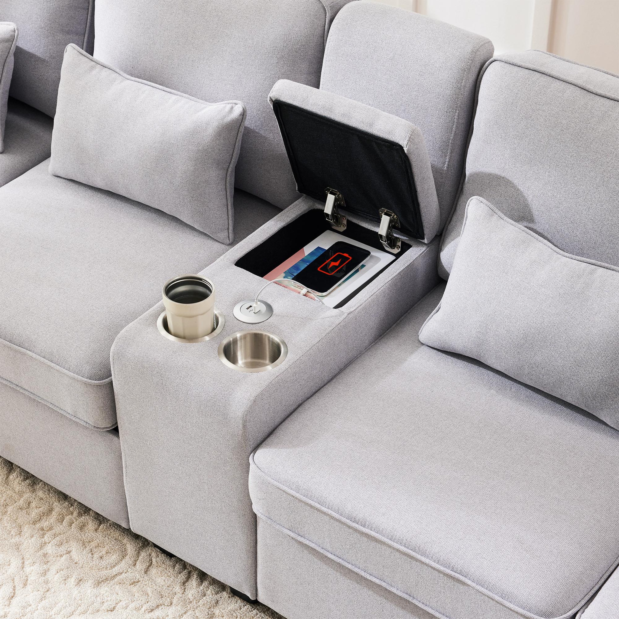 Voir la diapositive 6 : MERAX Canapé 4 Places Fixe Lin Avec 2 Porte-gobelets, 2 Ports USB