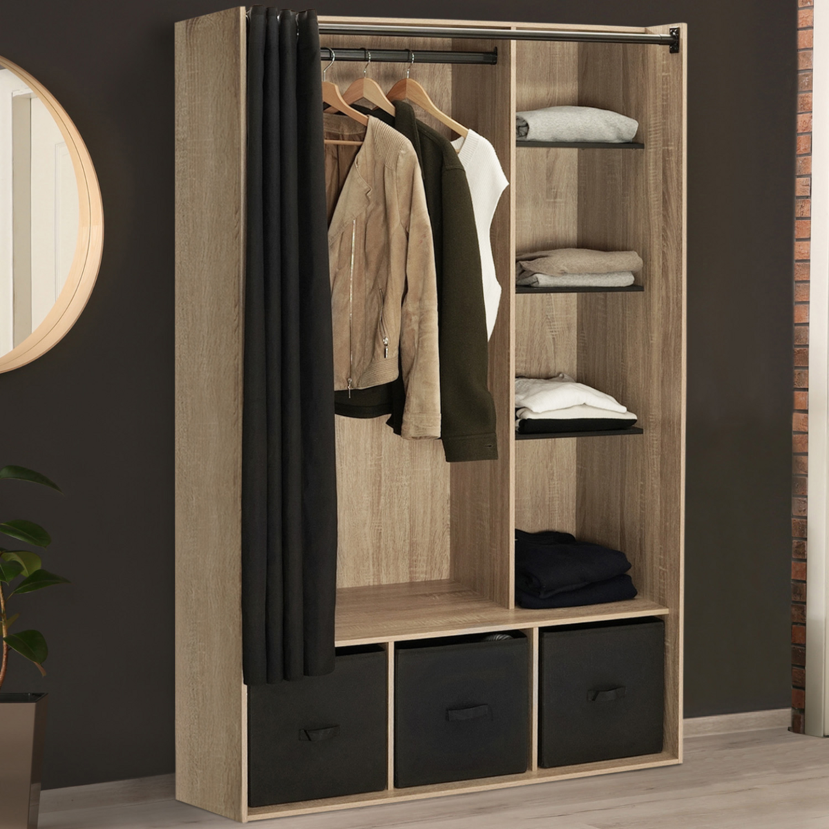 ID MARKET Dressing penderie DIANE 105 x 50 x 172 cm hêtre avec étagères + boites de rangement + rideau noir