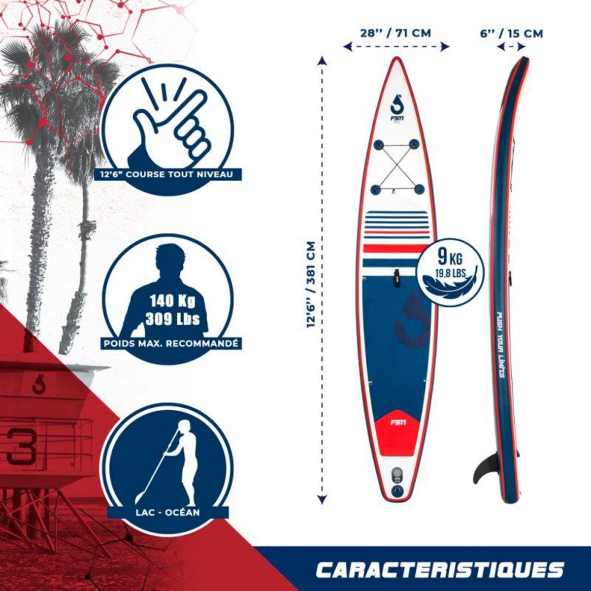 FUSION Paddle gonflable RACE 12'6 - 384 x 71 x 15 cm - Stand up paddle avec pagaie, leash, pompe, anneaux de kayak et sac de transport