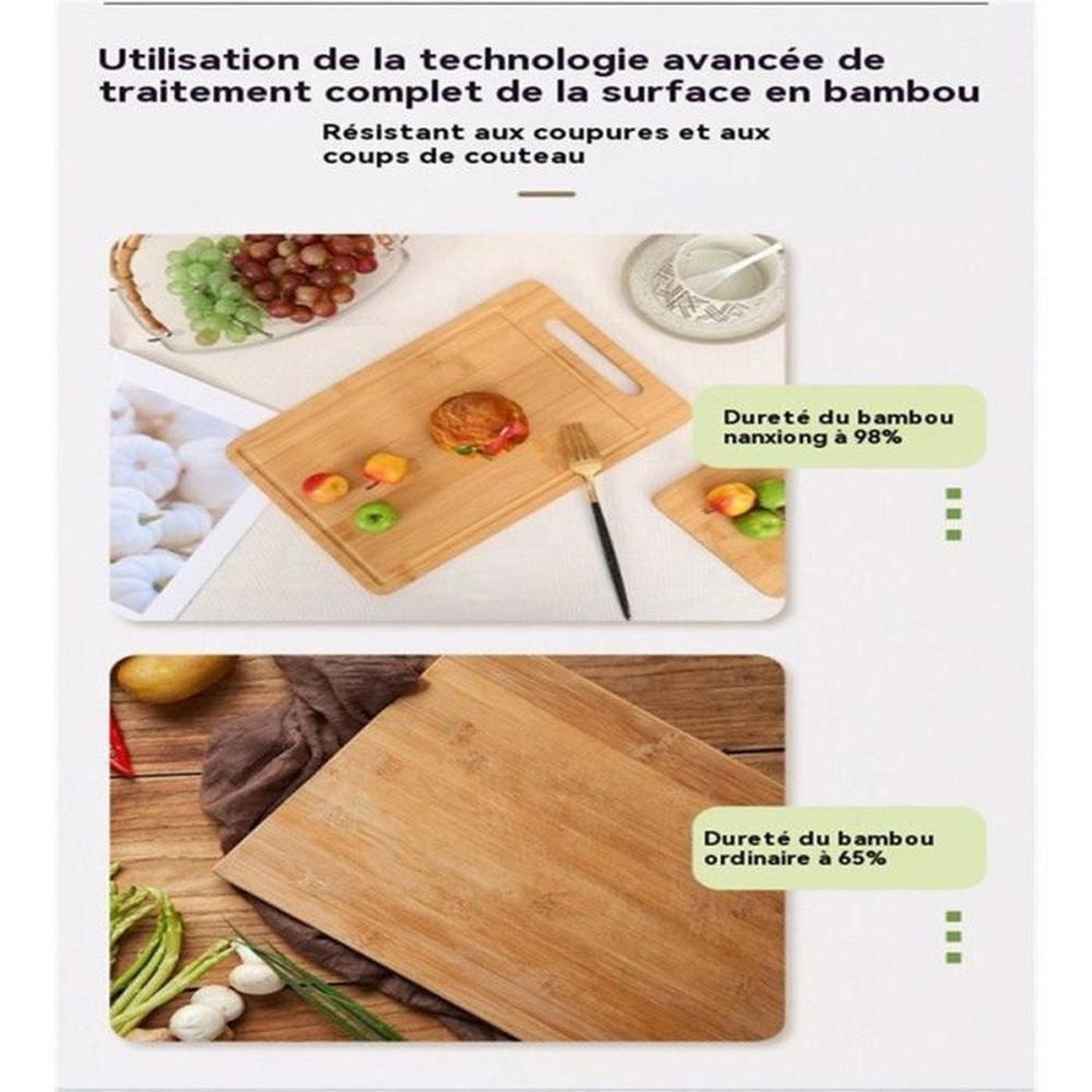 Voir la diapositive 3 : Set de 3 planches à découper en bambou double face antibactériennes 20 30 34 cm, imperméables et résistantes aux rayures, bords arrondis et poignées intégrées