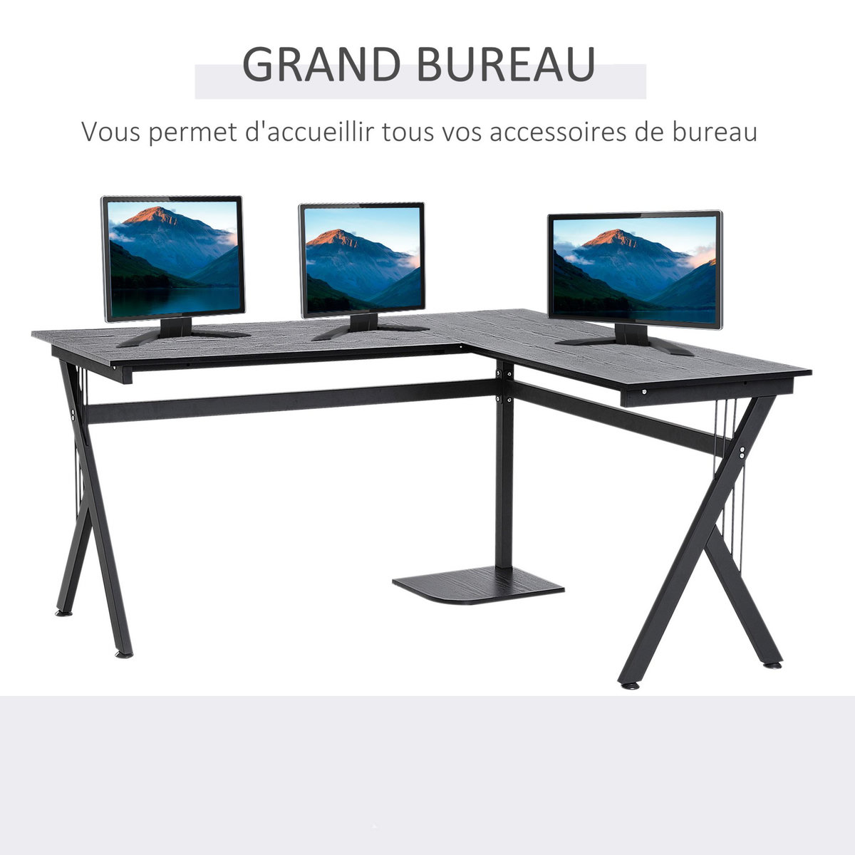 HOMCOM Bureau d'angle informatique design contemporain 155L x 130l x 76H cm MDF acier noir