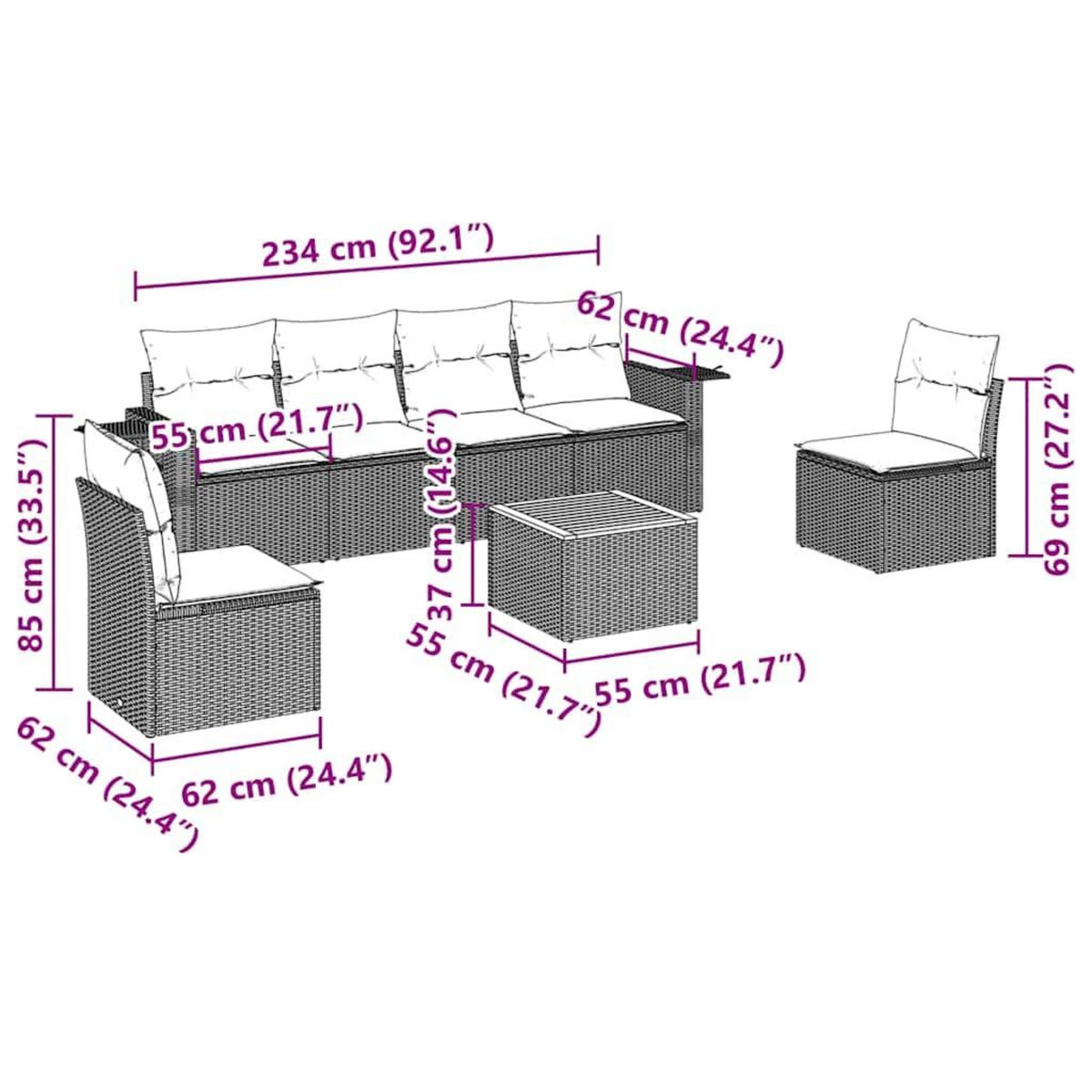 VIDAXL Salon de jardin 7 pcs avec coussins noir resine tressee
