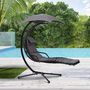 Voir la diapositive 2 : OUTSUNNY Bain de soleil transat suspendu avec pare-soleil et matelas design contemporain 190L x 115l x 190H cm acier polyester gris foncé noir