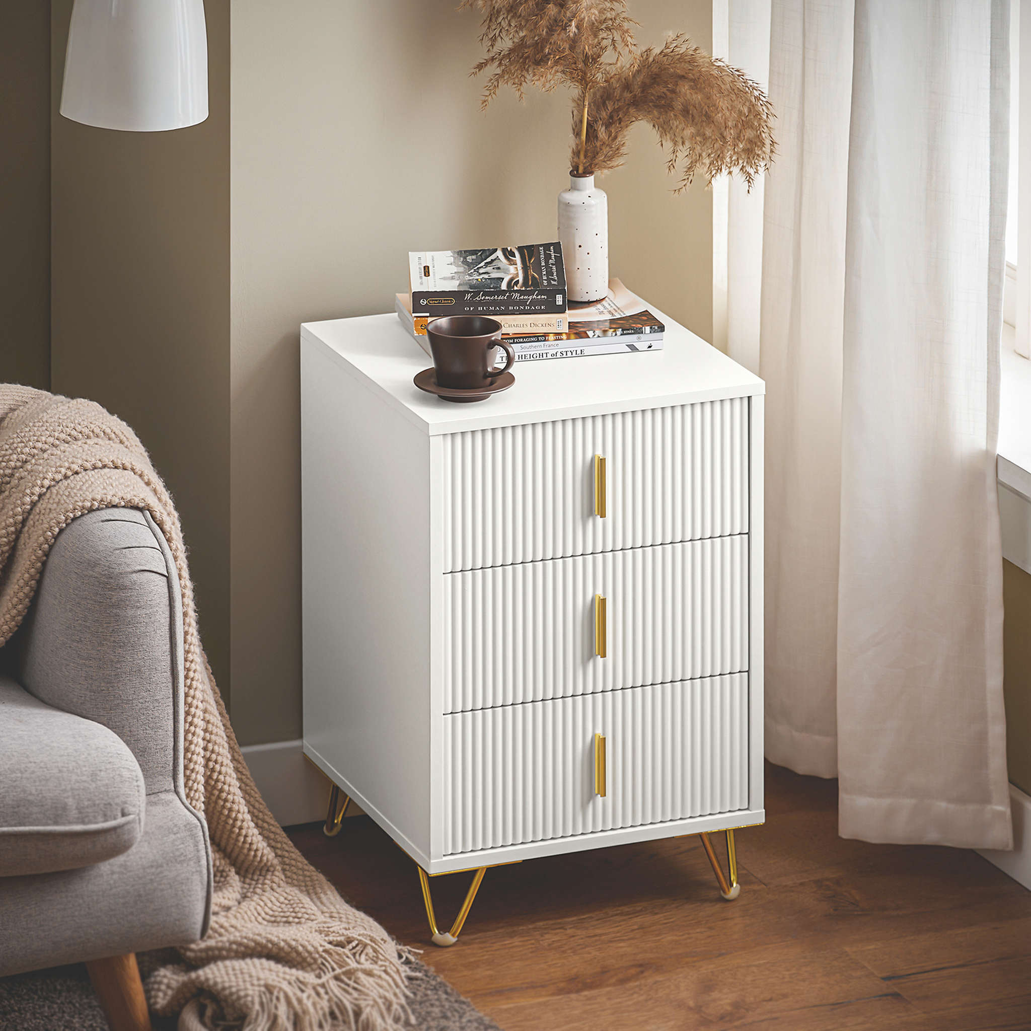 Voir la diapositive 5 : SOBUY Set de 2 Chevets 3 Tiroirs Blanc 40x36x63 cm Moderne FBT115-L-Wx2