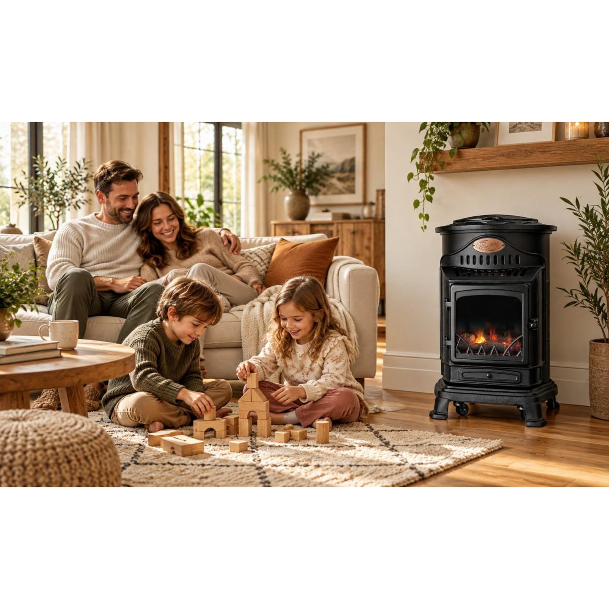 Voir la diapositive 3 : UNIVERSAL Poêle à gaz Provence Noir Mat 3,4 kW - Chauffage d'appoint en fonte, Effet feu de bois Sahara