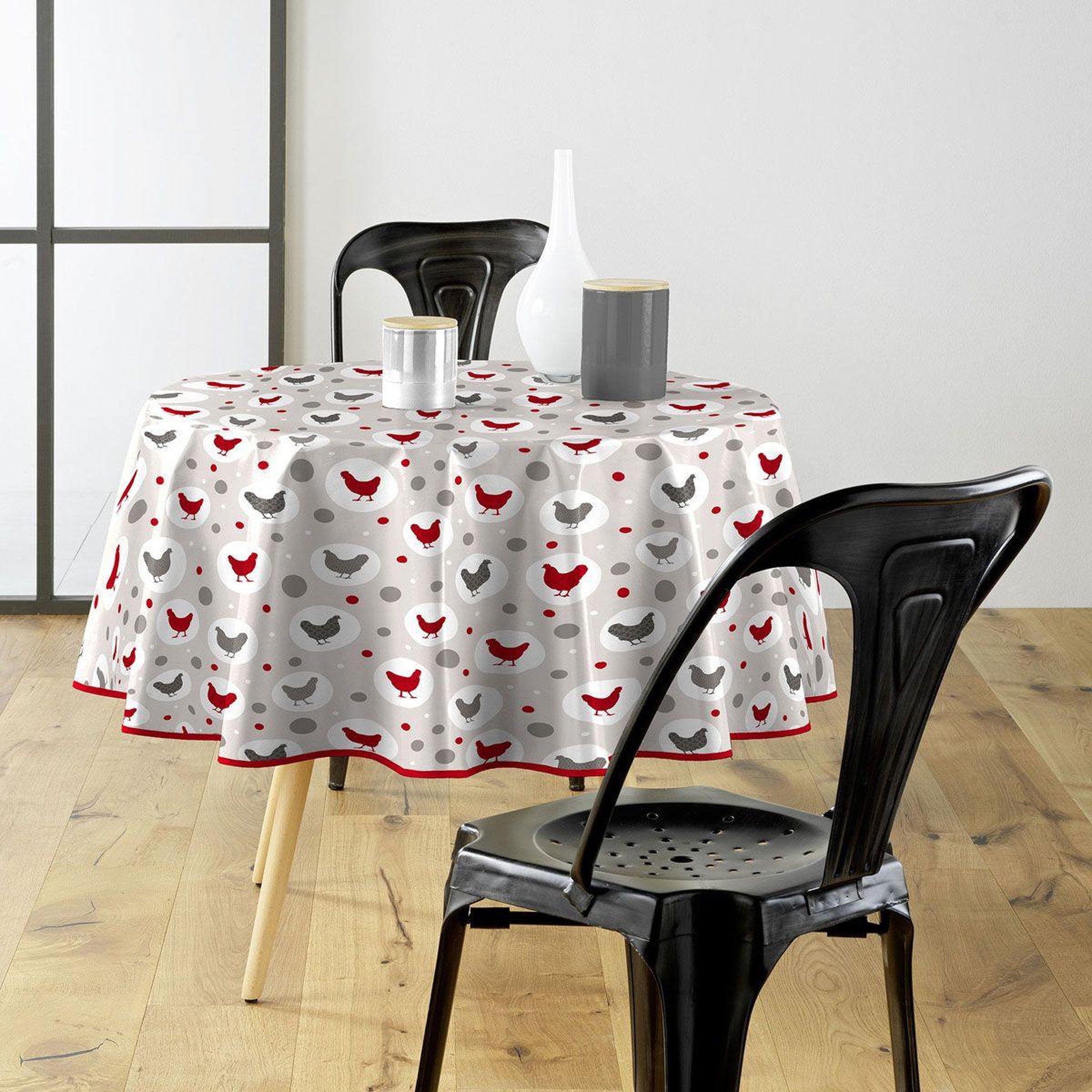 Voir la diapositive 1 : Douceur d'Intérieur Nappe ronde toile cirée  suzette  160cm gris & rouge