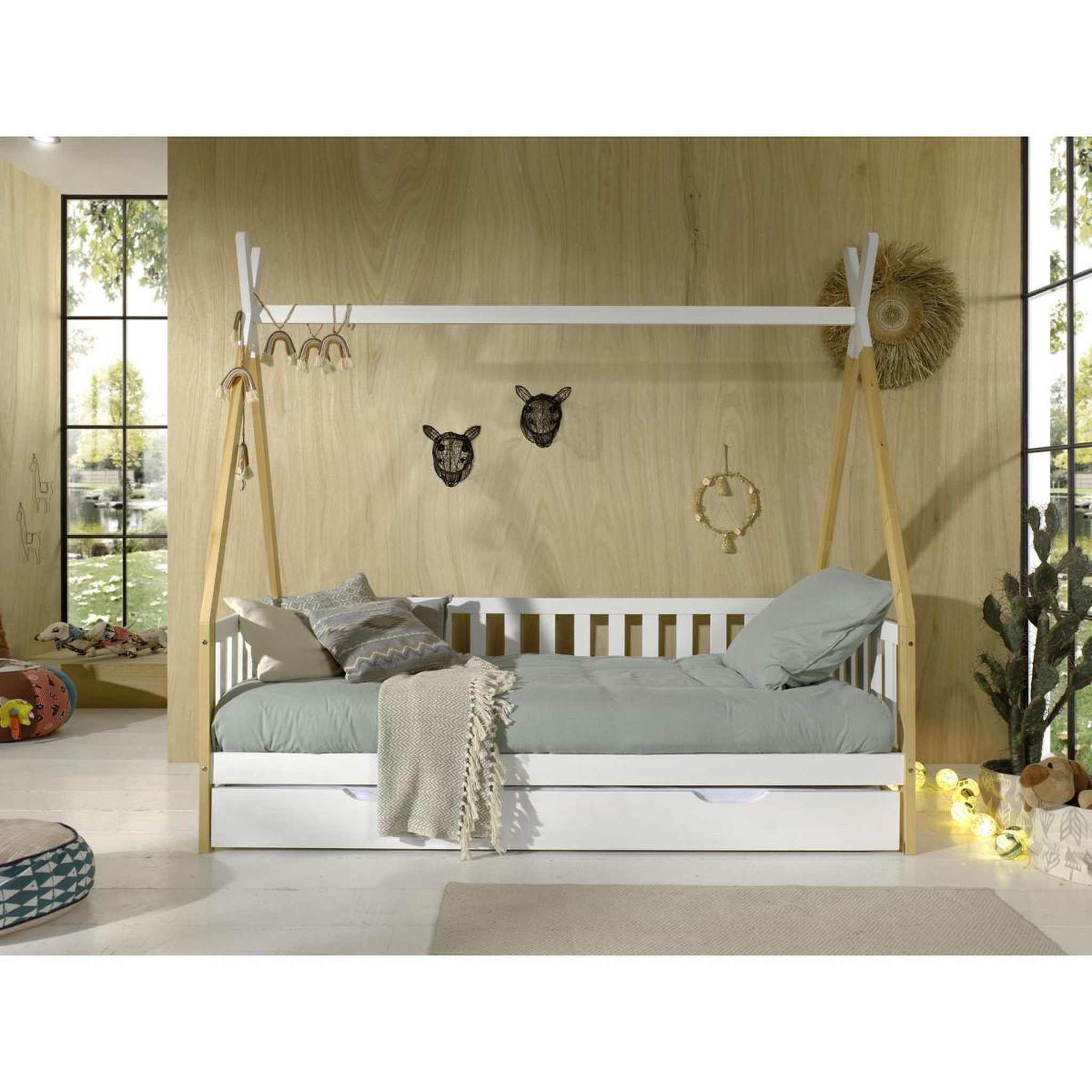Paris Prix Lit enfant, barrière & tiroir  tipi  90x200cm blanc & naturel