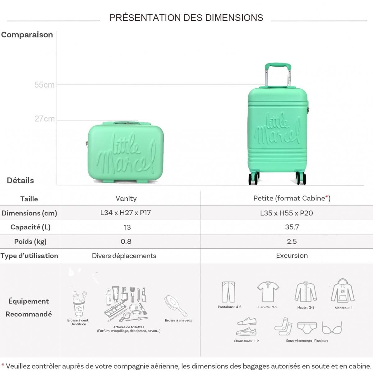 Little Marcel Lot valise cabine 55cm plus un vanity rigide