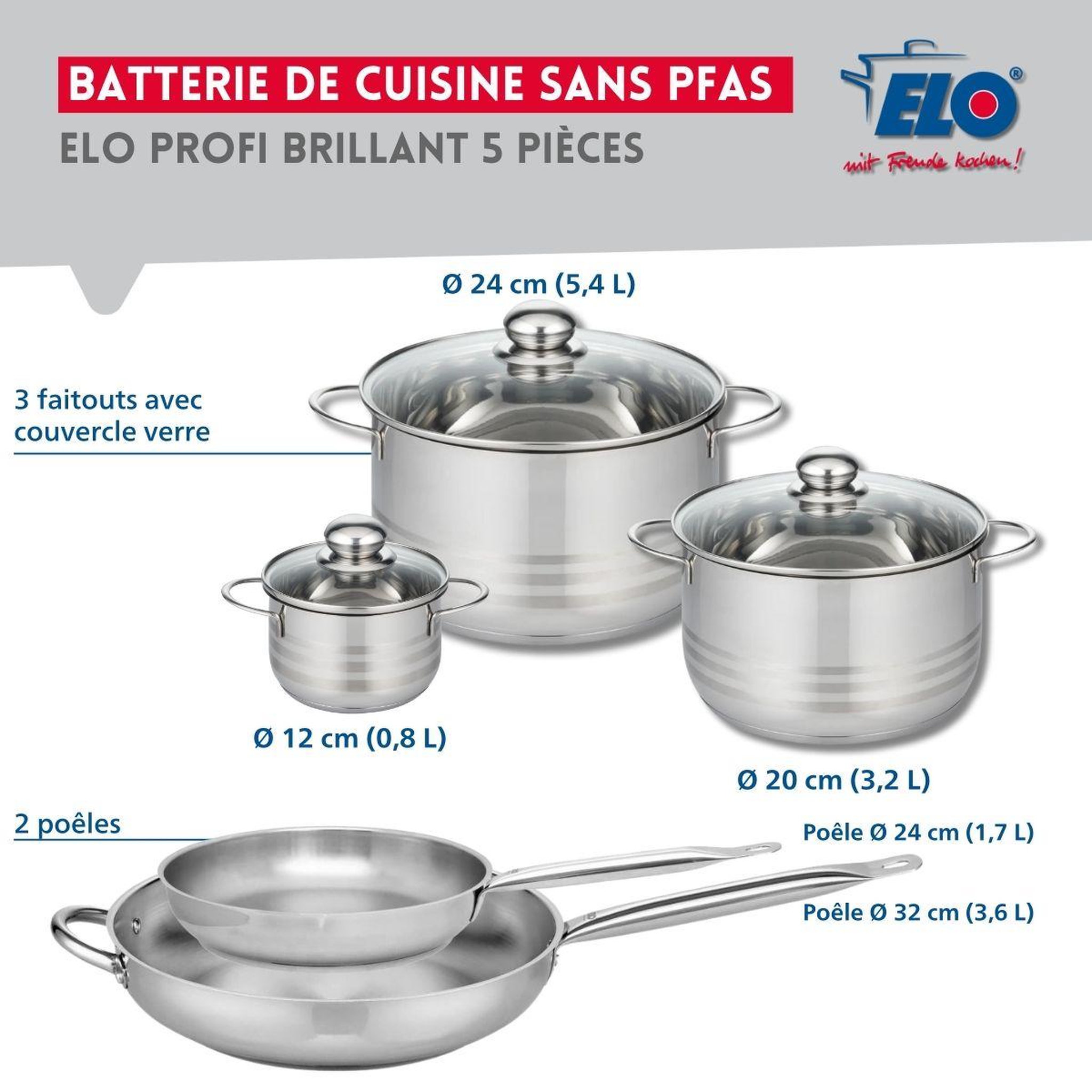 Voir la diapositive 2 : ELO Ensemble de 2 poêles de cuisson 24 et 32 cm et 3 faitouts 12, 20 et 24 cm elo profi brillant
