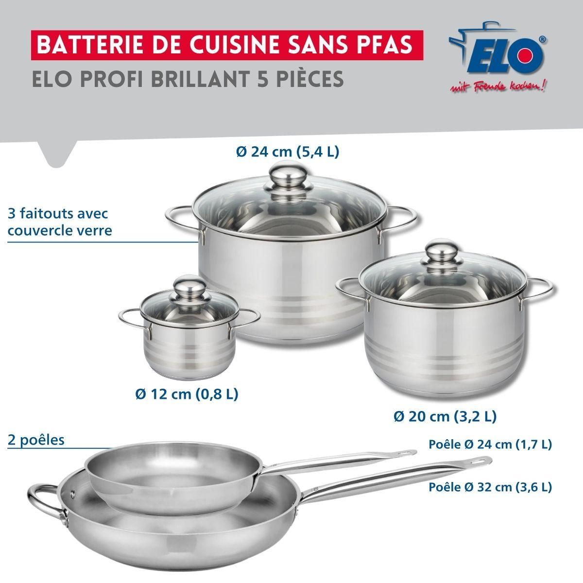 ELO Ensemble de 2 Poêles de cuisson 24 et 32 cm et 3 faitouts 12, 20 et 24 cm Elo Profi Brillant