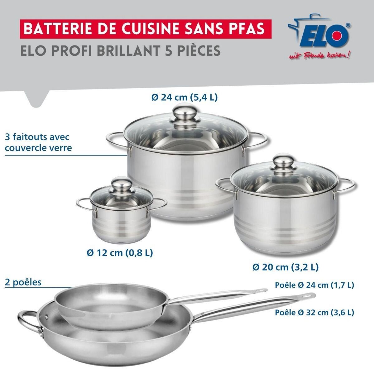 ELO Ensemble de 2 Poêles de cuisson 24 et 32 cm et 3 faitouts 12, 20 et 24 cm Elo Profi Brillant