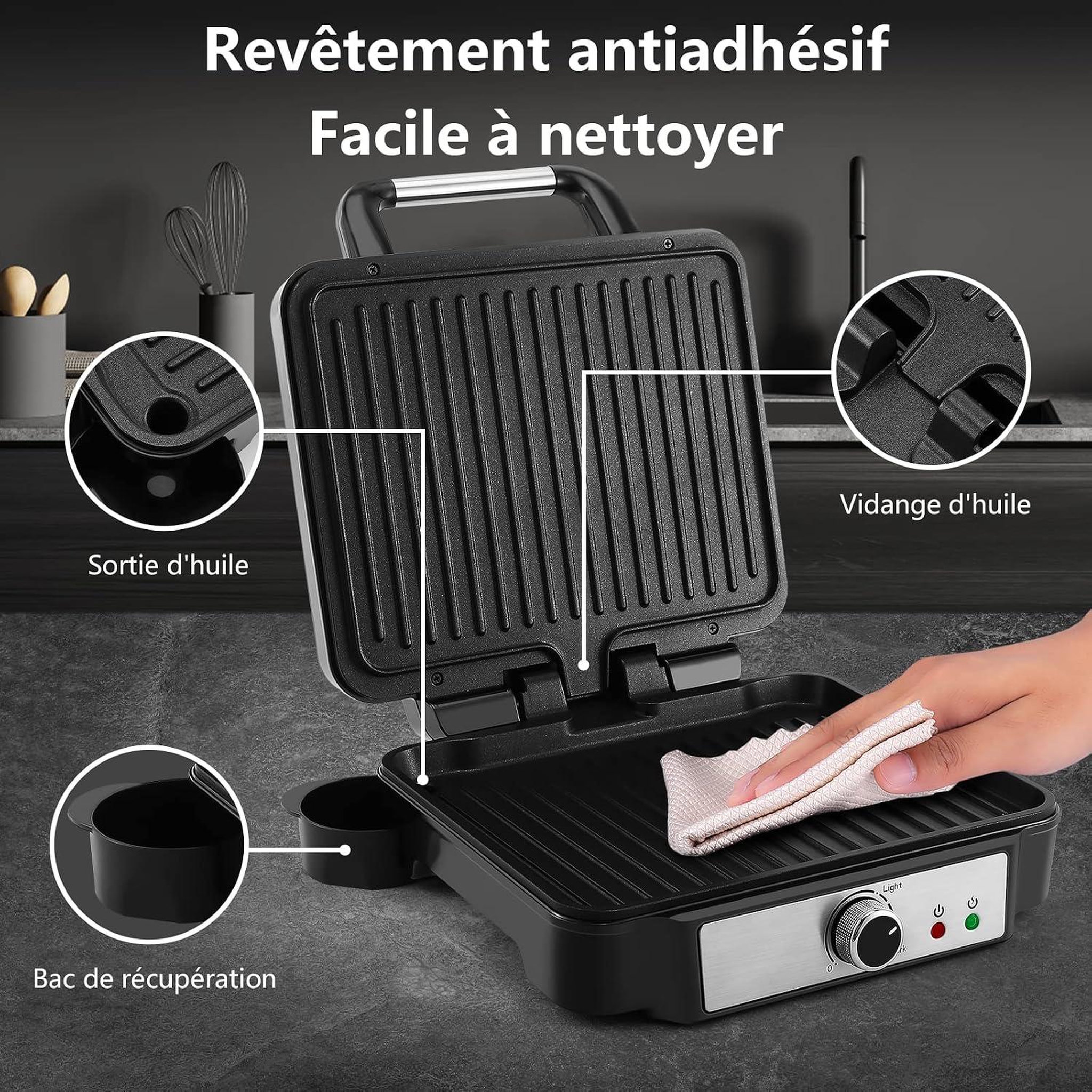 Voir la diapositive 4 : YASHE Gril de contact 1800 W, 4 tranches, ouverture 180°