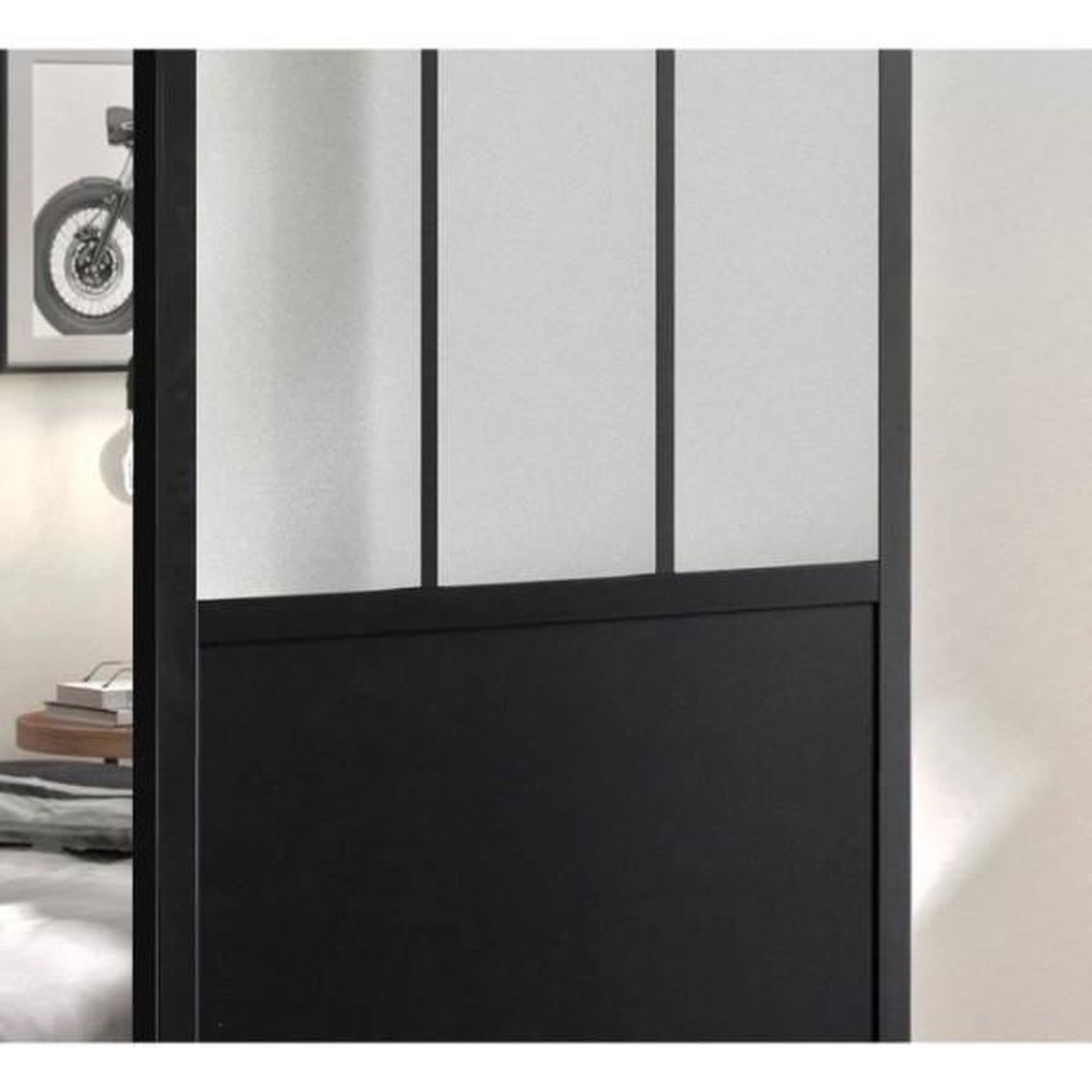 Voir la diapositive 2 : OPTIMUM Optimum kit porte coulissante atelier noir + rail 2 amortisseurs + cache rail - 204 x 73 cm - verre dépoli