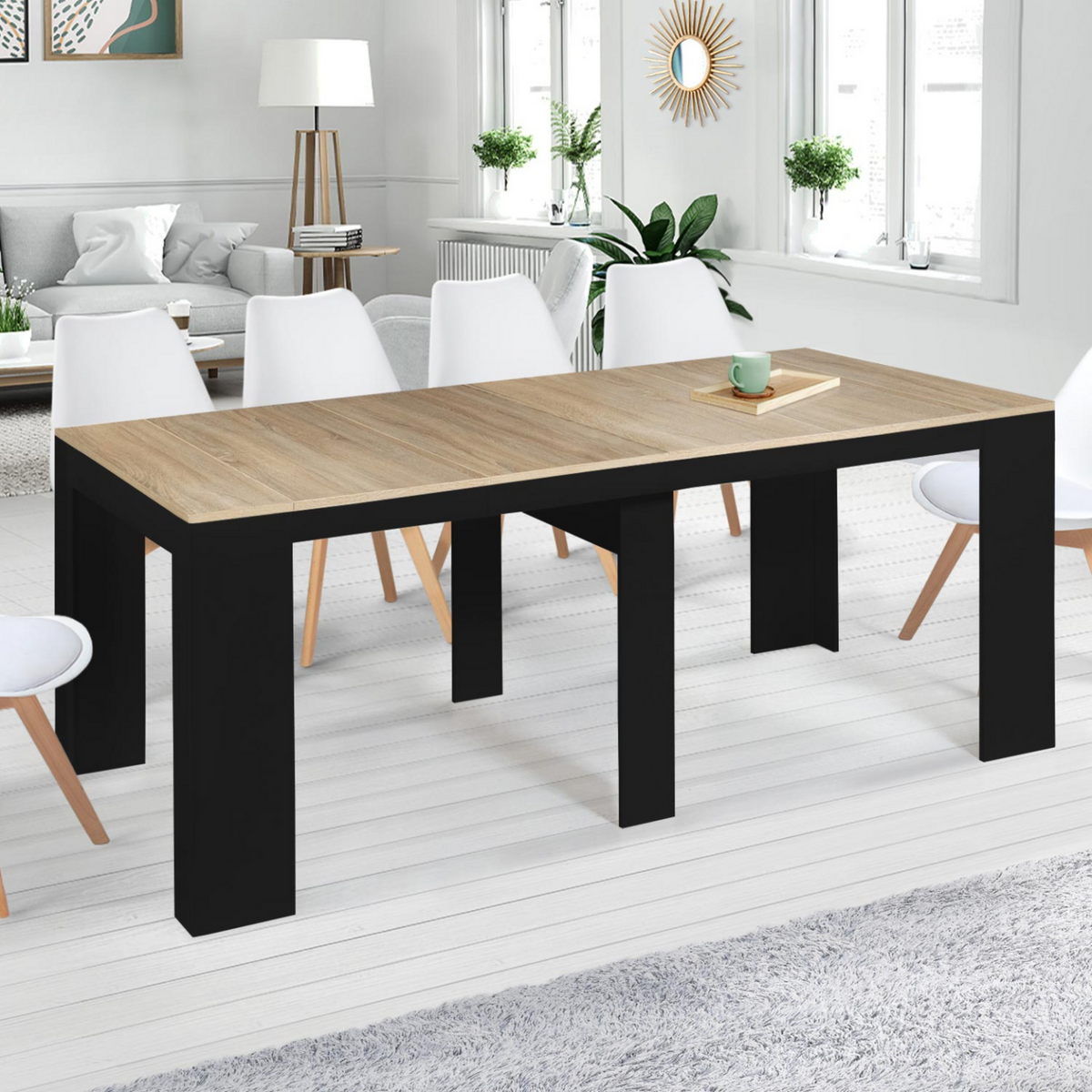 ID MARKET Table console extensible ORLANDO 10 personnes 235 cm bois noir et façon hêtre