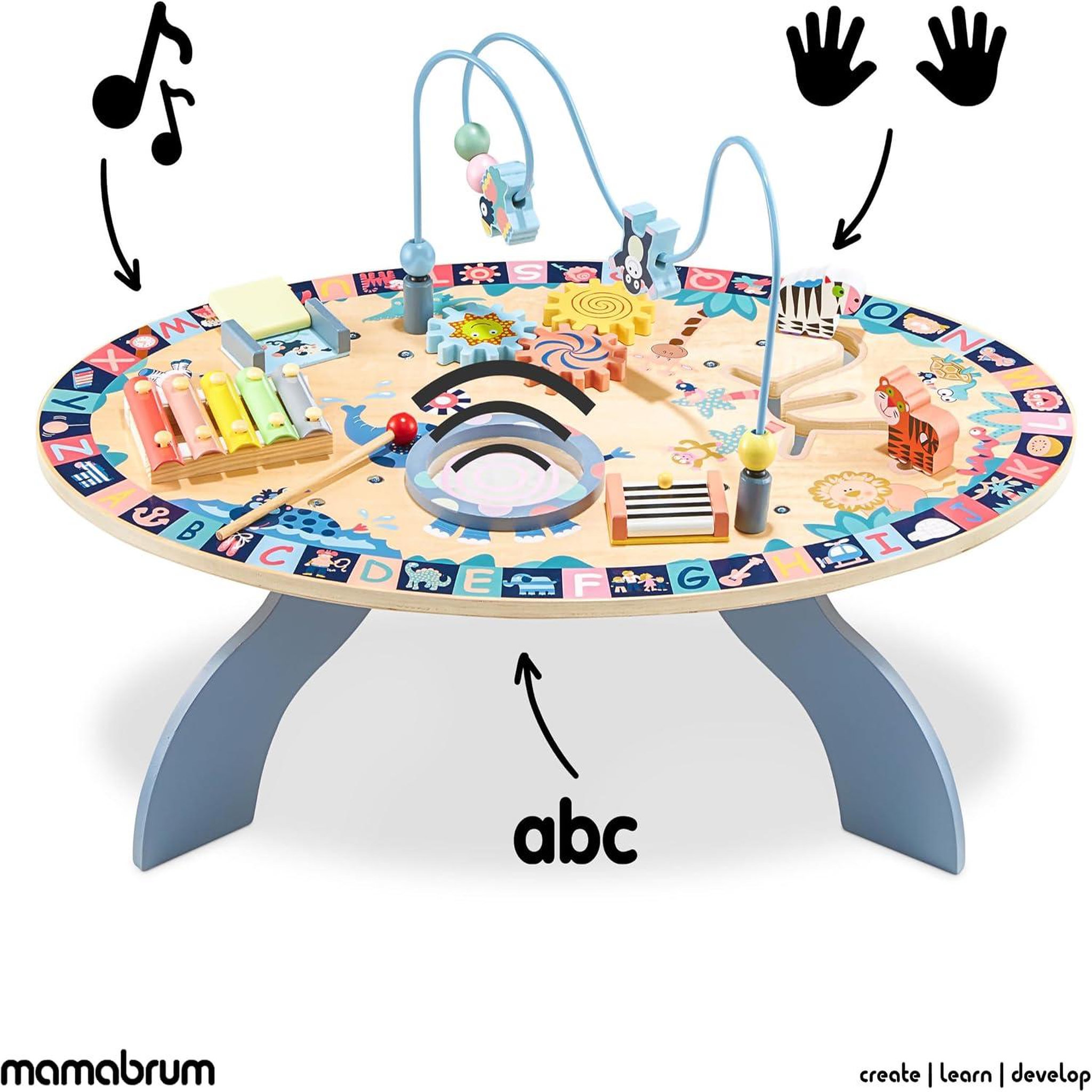 Voir la diapositive 4 : MAMABRUM Table D'activités Enfant +6 mois en Bois, Eveil Music: cymbales, tambour, labyrinthe