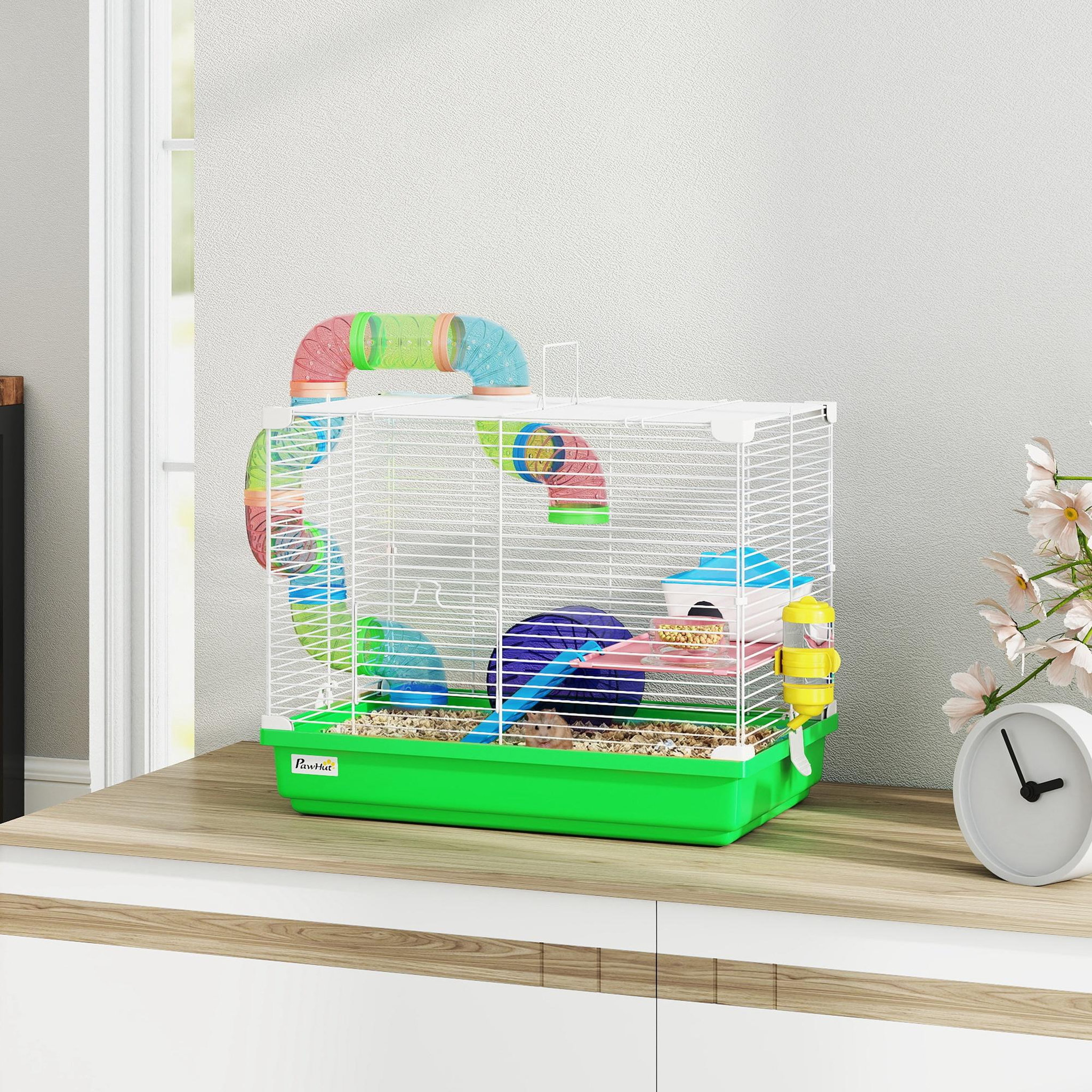 Voir la diapositive 2 : PAWHUT Cage à hamster 2 niveaux avec poignée - avec tunnel, biberon eau, roue, maisonnette, échelles - vert