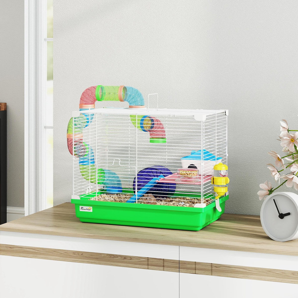PAWHUT Cage à hamster 2 niveaux avec poignée - avec tunnel, biberon eau, roue, maisonnette, échelles - vert