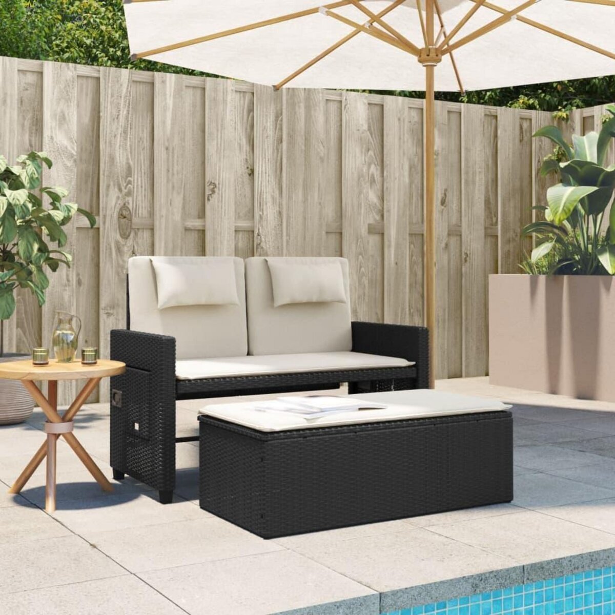 VIDAXL Banc inclinable de jardin avec coussins noir resine tressee