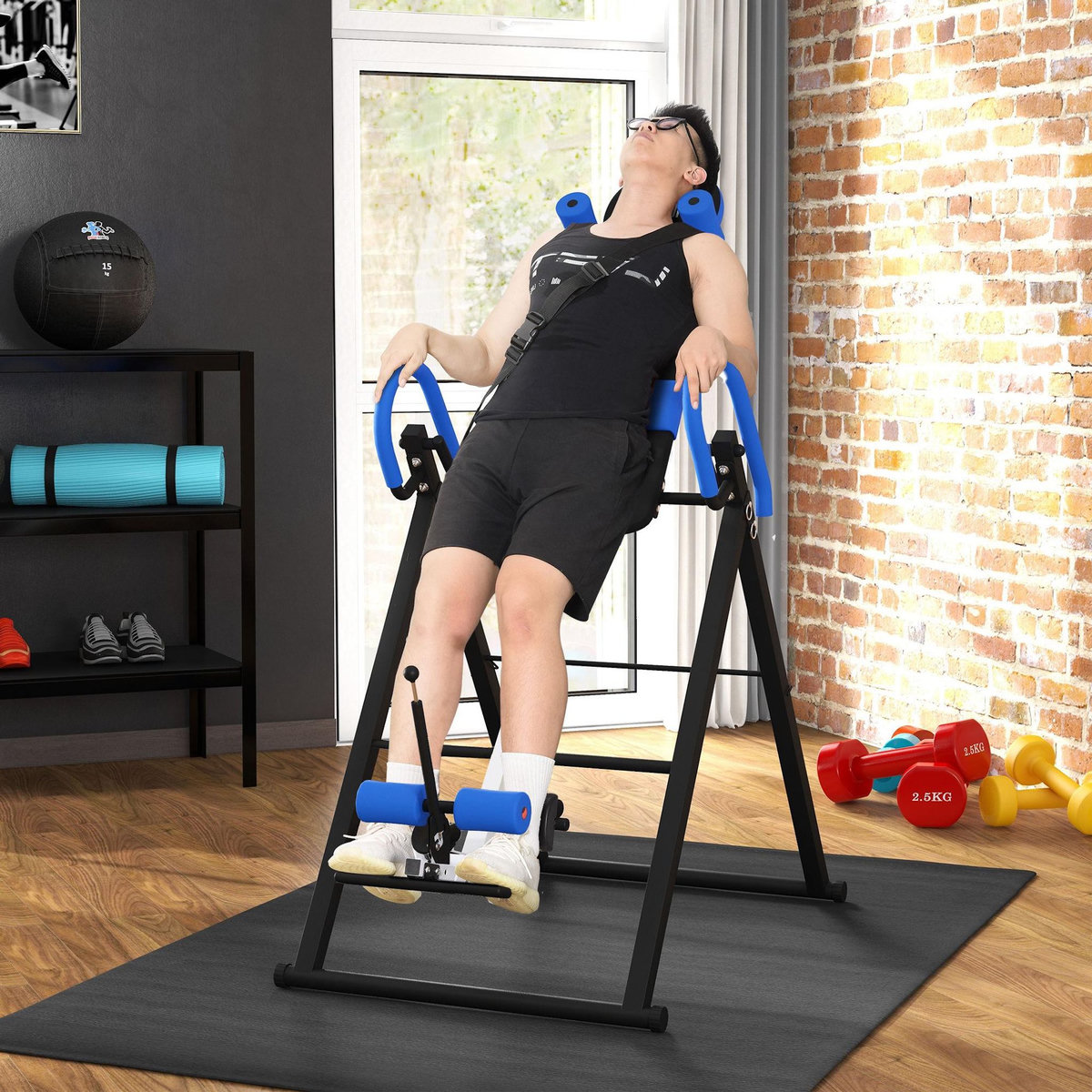 HOMCOM Table d'inversion de musculation pliable ceinture de sécurité réglable angle inversé ajustable 3 niveaux acier bleu noir