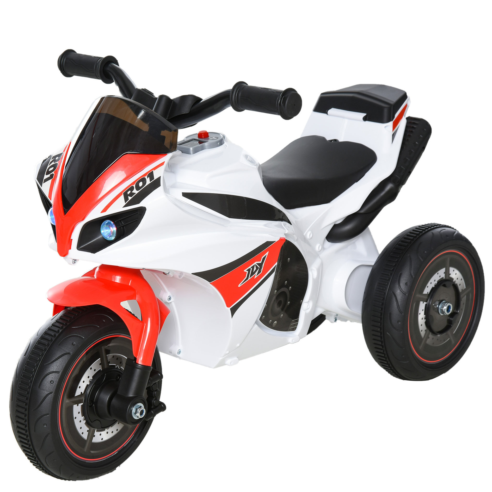 Voir la diapositive 1 : HOMCOM Porteur enfants moto de course effets musicaux et lumineux coffre rangement rouge blanc