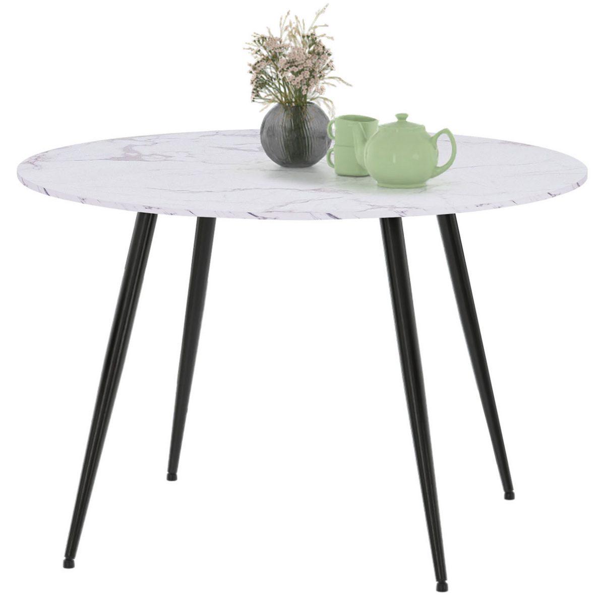 ID MARKET Table à manger ronde AMELIA 4 personnes effet marbre blanc ALASKA pieds métal noir 110 cm